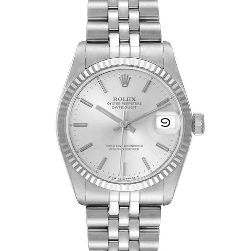 The Rolex Mid-Size watch is shown from a frontal perspective, displaying the face, bezel, bracelet, and crown.