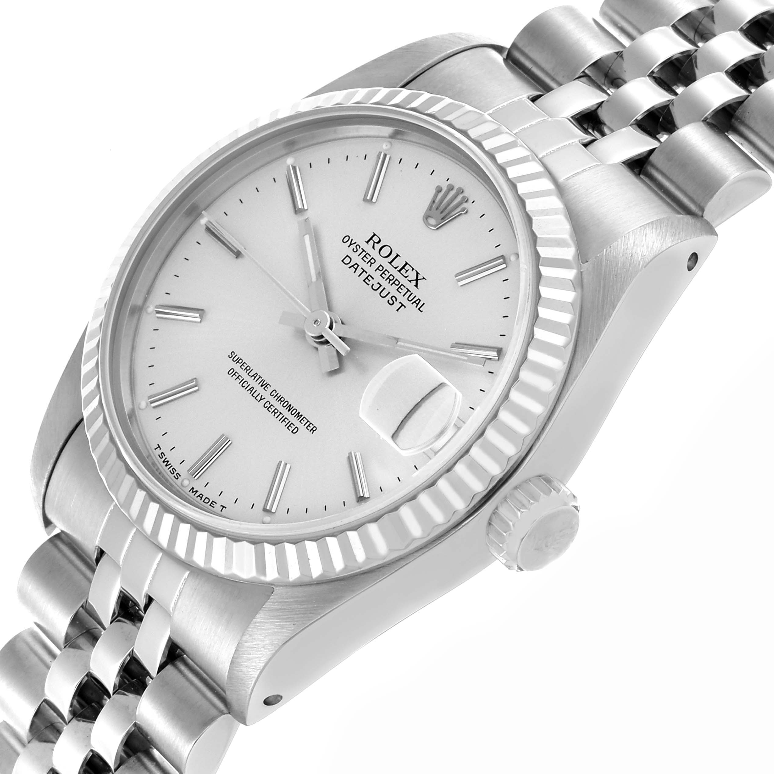 The Rolex Mid-Size 68274 Women's Stainless Steel Silver Dial 68274 Women's Stainless Steel Silver Dial watch is shown at a front angle, highlighting the dial, bezel, and part of the bracelet.