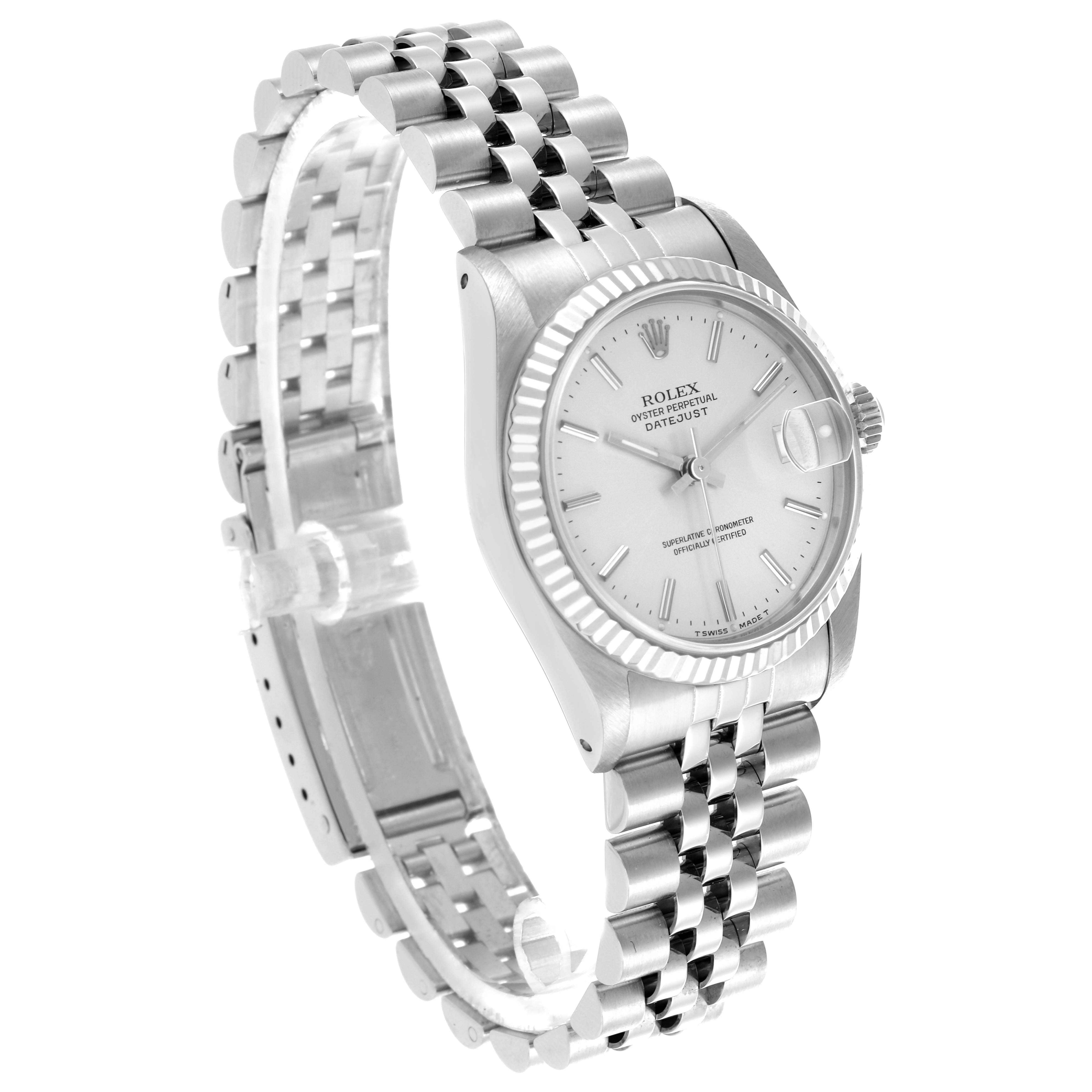 The Rolex Mid-Size 68274 Women's Stainless Steel Silver Dial 68274 Women's Stainless Steel Silver Dial model is shown at a three-quarter angle highlighting the dial, bezel, and bracelet.