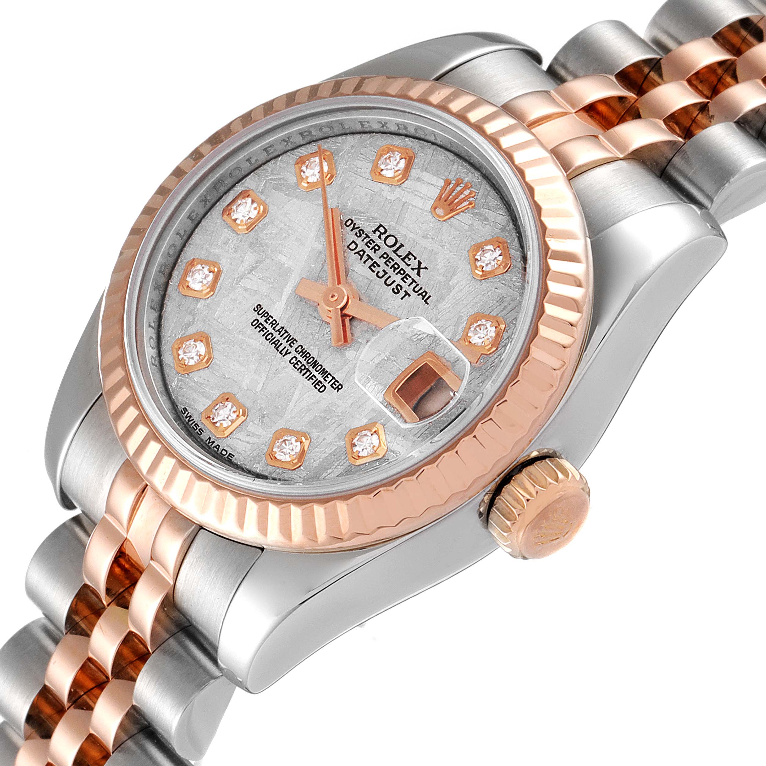 The Rolex Datejust 179171 Women
s Steel and Gold (two tone) Silver Dial 179171 Women
s Steel and Gold (two tone) Silver Dial watch is shown from an angled view, displaying the watch face, bezel, crown, and bracelet.