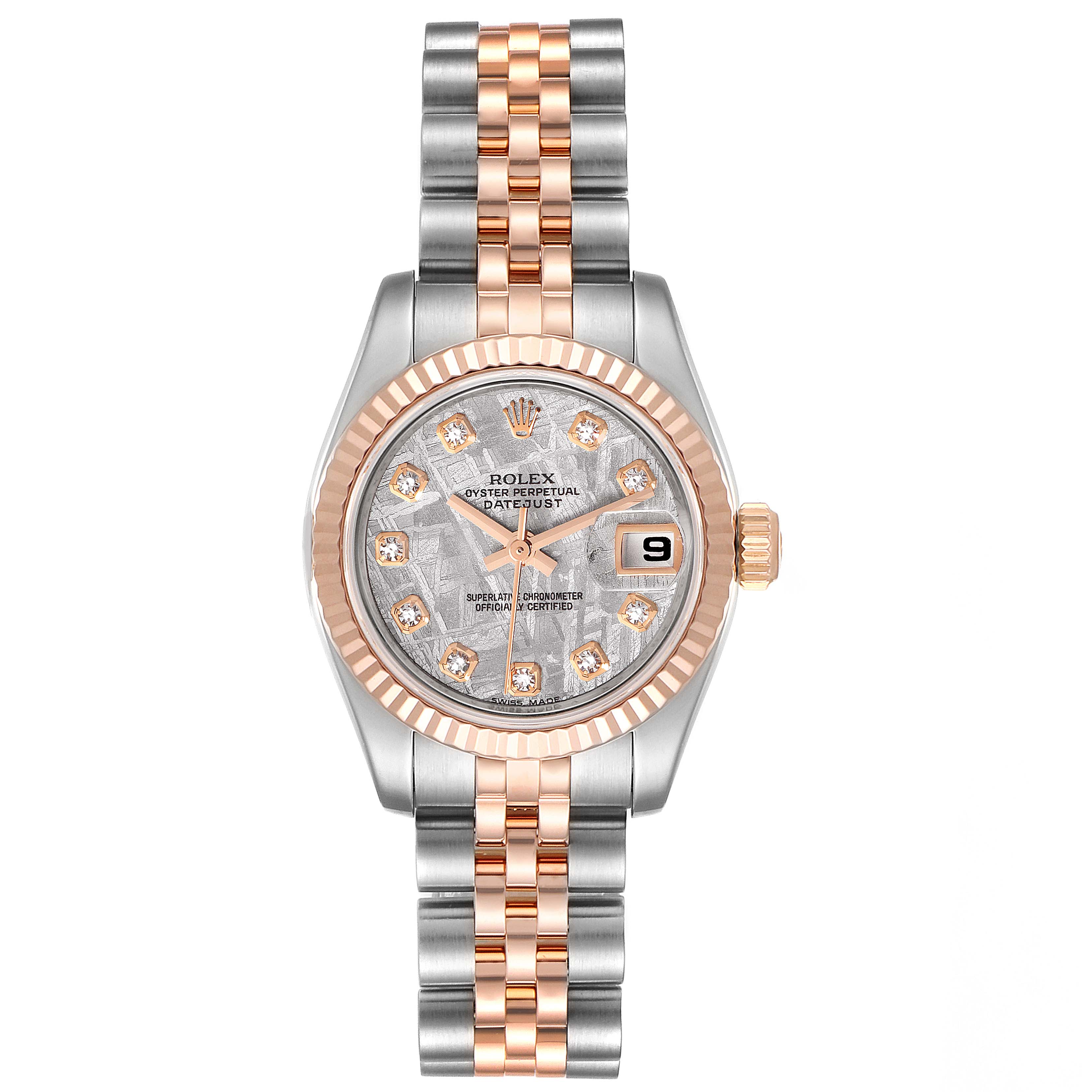 The image shows a front view of a Rolex Datejust 179171 Women
s Steel and Gold (two tone) Silver Dial 179171 Women
s Steel and Gold (two tone) Silver Dial watch, highlighting its dual-tone bracelet, diamond markers, and date display.