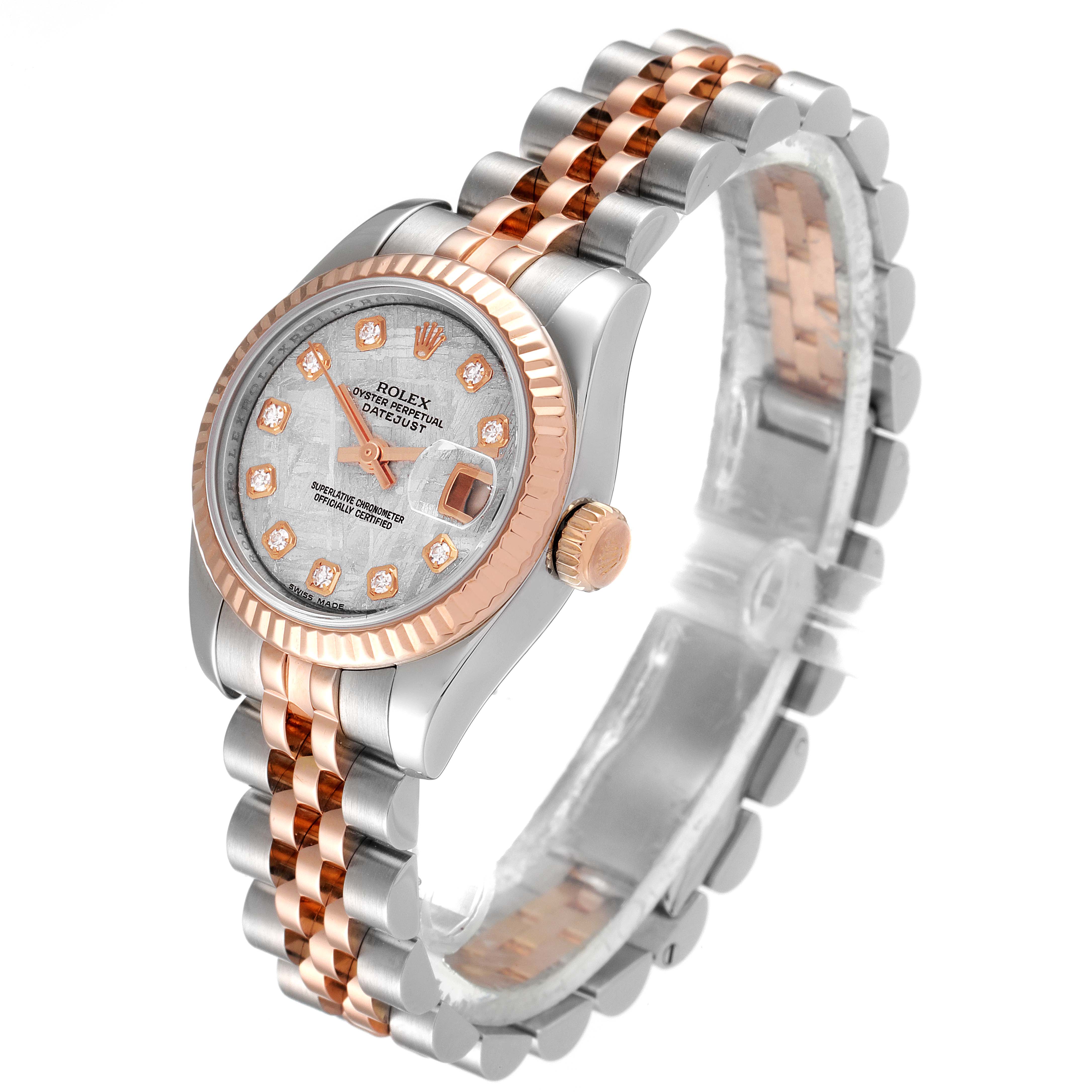 This Rolex Datejust 179171 Women
s Steel and Gold (two tone) Silver Dial 179171 Women
s Steel and Gold (two tone) Silver Dial watch is shown at an angled view, displaying the two-tone Oyster bracelet, diamond hour markers, and fluted bezel.