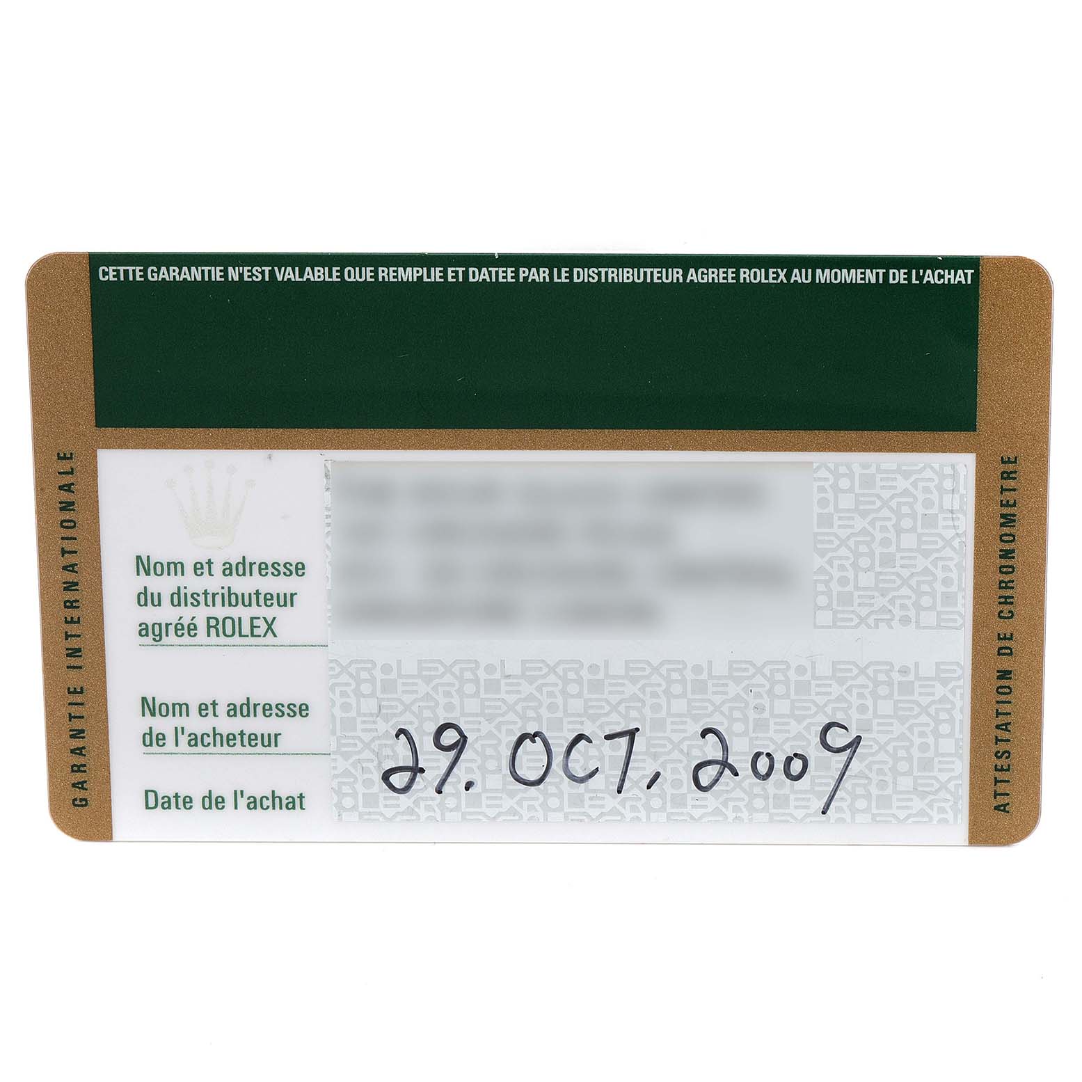 This image shows the warranty card for a Rolex Datejust 179171 Women
s Steel and Gold (two tone) Silver Dial 179171 Women
s Steel and Gold (two tone) Silver Dial model, displaying purchase date and dealer information.