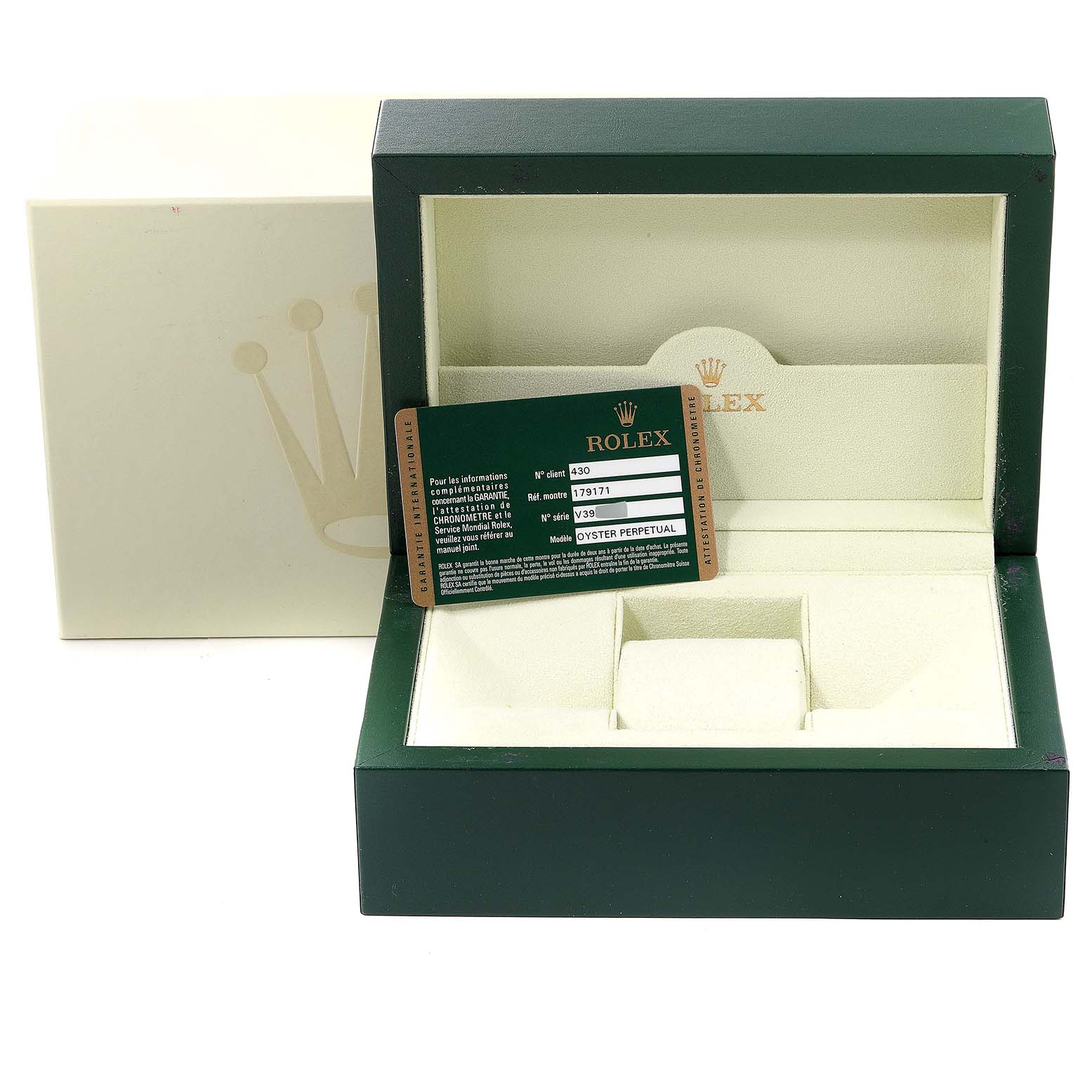 The image shows a Rolex Datejust 179171 Women
s Steel and Gold (two tone) Silver Dial 179171 Women
s Steel and Gold (two tone) Silver Dial watch box with its warranty card, viewed from the front.