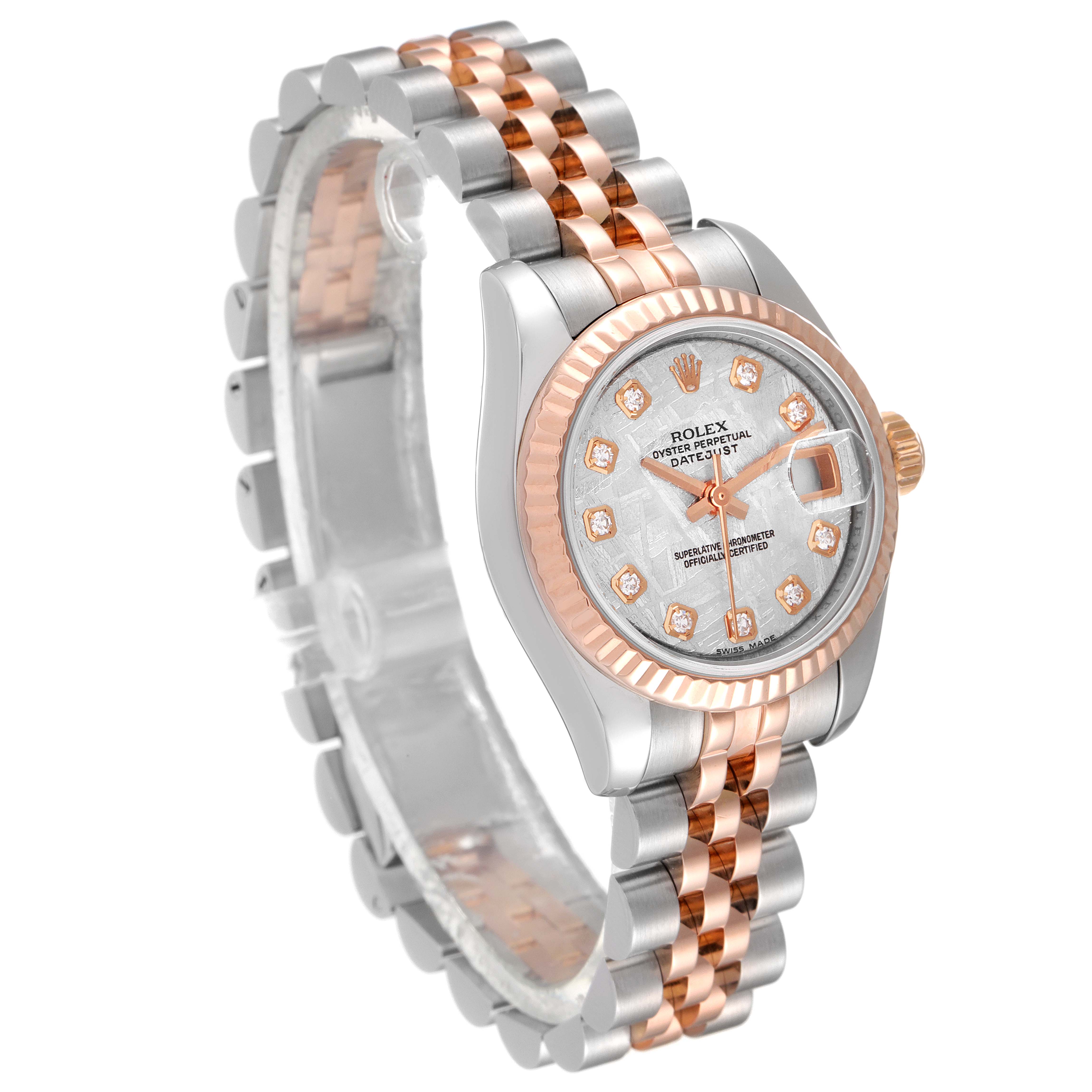 This Rolex Datejust 179171 Women
s Steel and Gold (two tone) Silver Dial 179171 Women
s Steel and Gold (two tone) Silver Dial watch is shown at an angle from the front and side, highlighting the face, bezel, and bracelet.