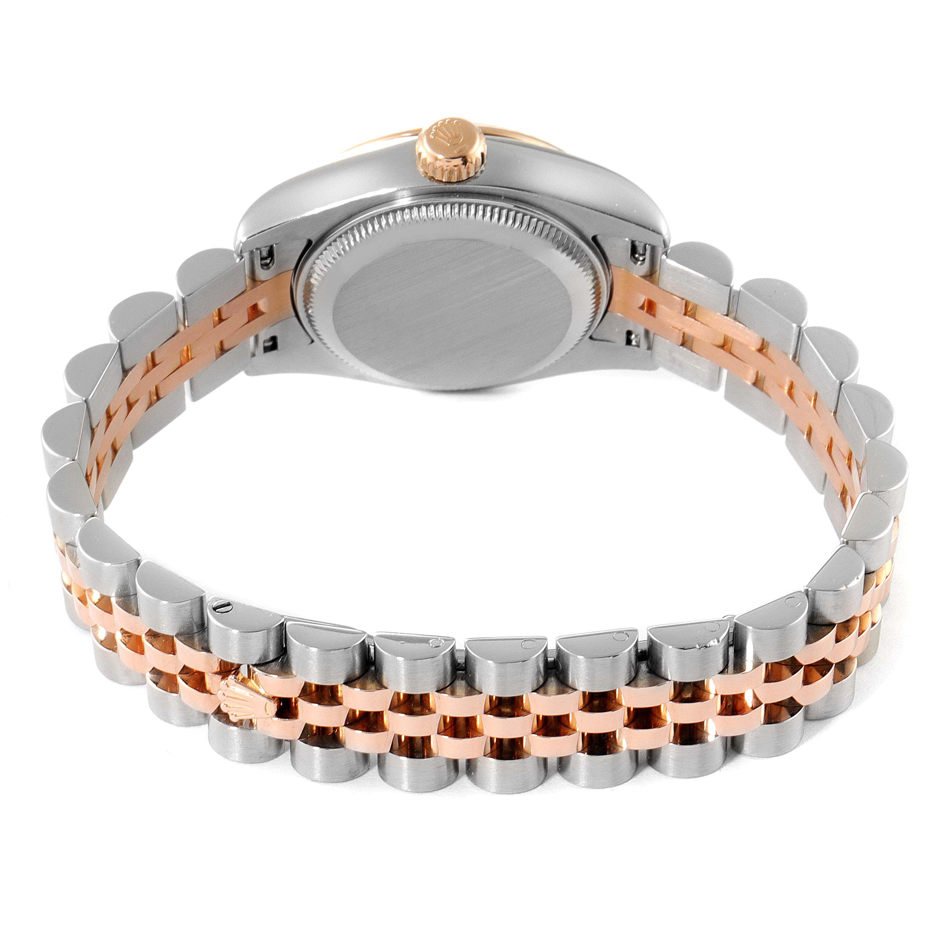 This image shows the back view of a Rolex Datejust 179171 Women
s Steel and Gold (two tone) Silver Dial 179171 Women
s Steel and Gold (two tone) Silver Dial watch, including the case, crown, and two-tone bracelet.