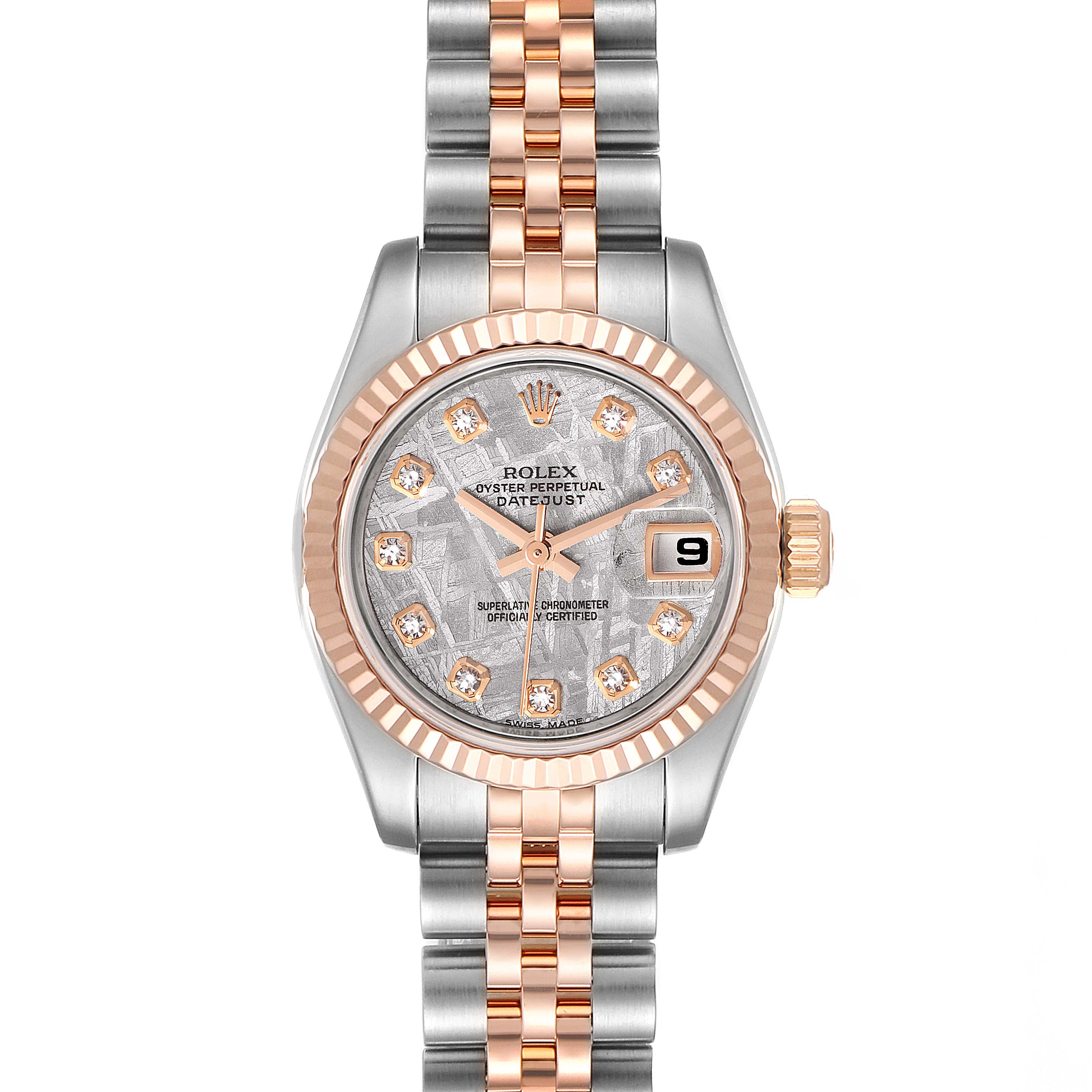 This image shows a front view of a Rolex Datejust 179171 Women
s Steel and Gold (two tone) Silver Dial 179171 Women
s Steel and Gold (two tone) Silver Dial watch, highlighting its dial, bezel, hands, crown, and Jubilee bracelet.