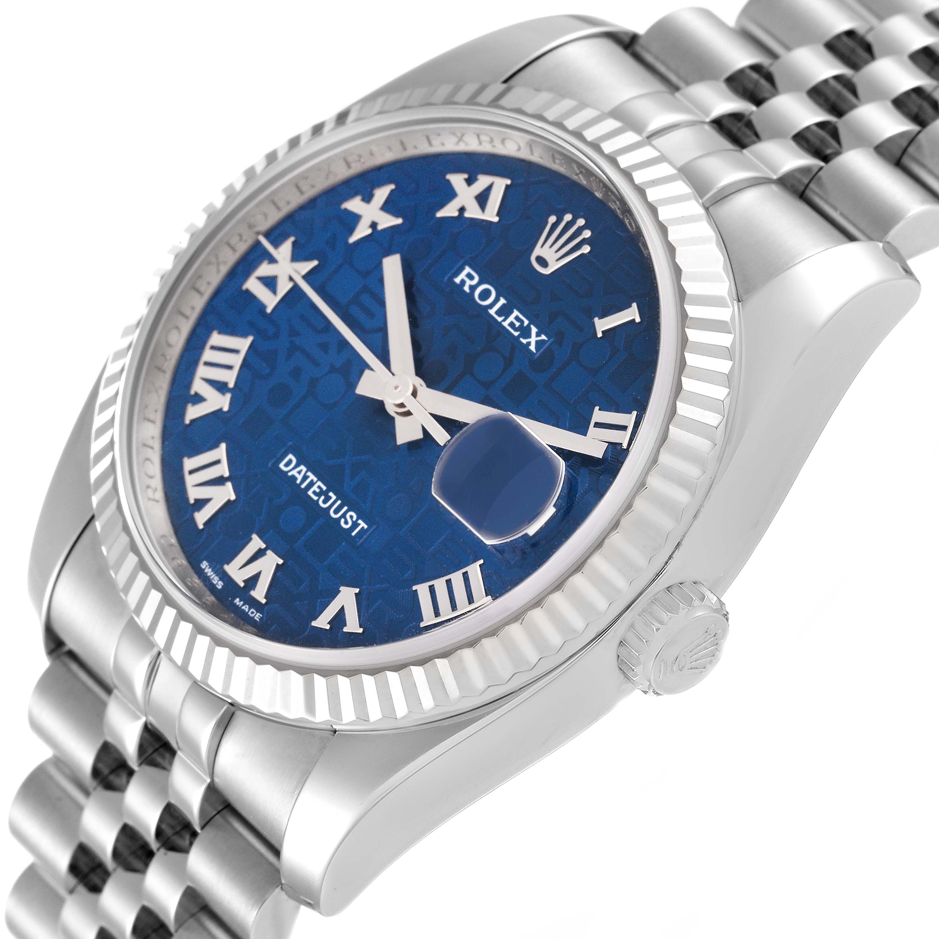 The image shows a close-up view of the Rolex Datejust 116234 Men's Stainless Steel Blue Dial 116234 Men's Stainless Steel Blue Dial watch, displaying its blue dial, crown, and part of the bracelet.