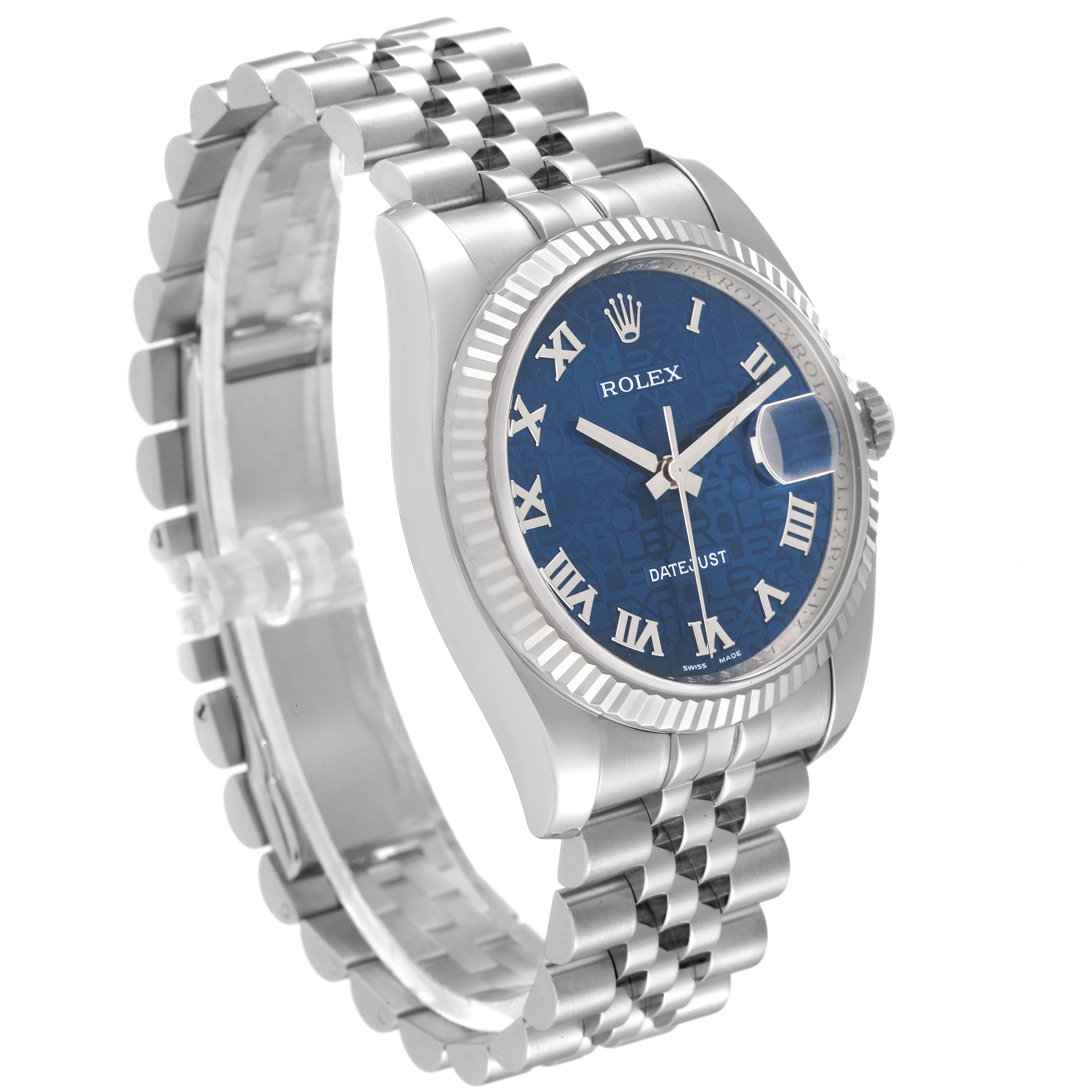 The image shows a side view of the Rolex Datejust 116234 Men's Stainless Steel Blue Dial 116234 Men's Stainless Steel Blue Dial watch, highlighting its blue dial, Roman numerals, fluted bezel, and Jubilee bracelet.