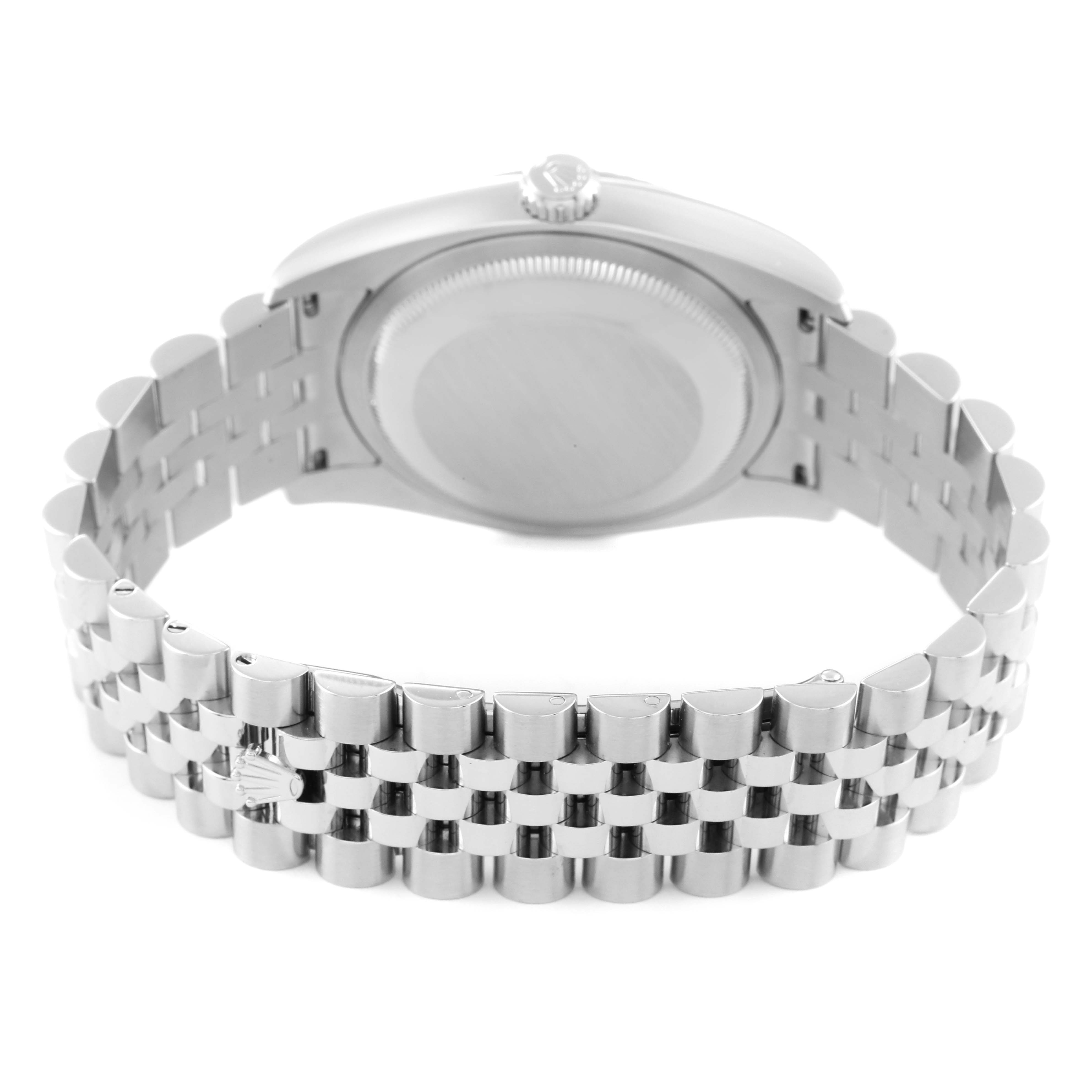 The image shows the back of the Rolex Datejust 116234 Men's Stainless Steel Blue Dial 116234 Men's Stainless Steel Blue Dial watch, focusing on the case back and the bracelet.