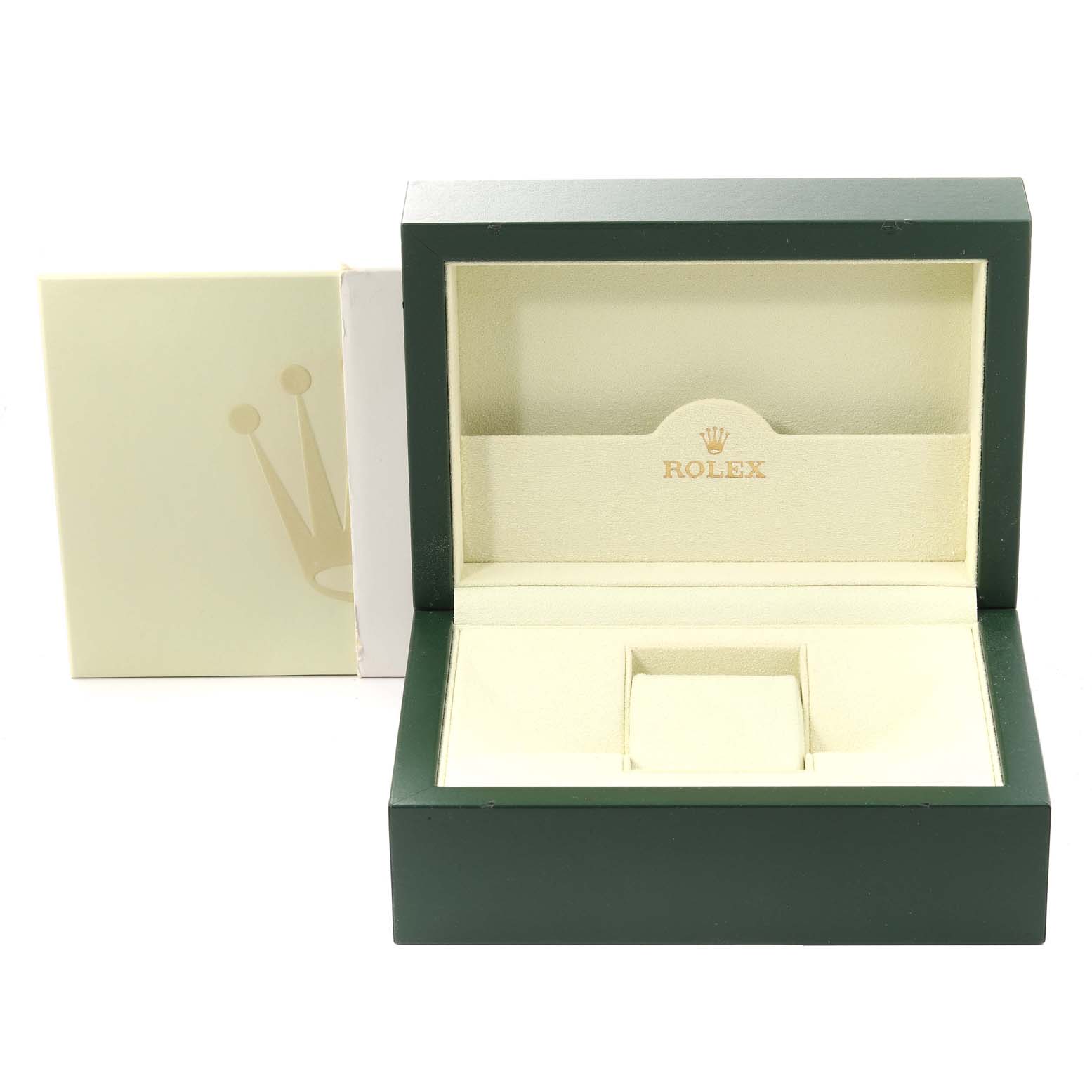 This image shows an open green and beige Rolex Datejust 116234 Men's Stainless Steel Blue Dial 116234 Men's Stainless Steel Blue Dial watch box, with the Rolex logo inside.