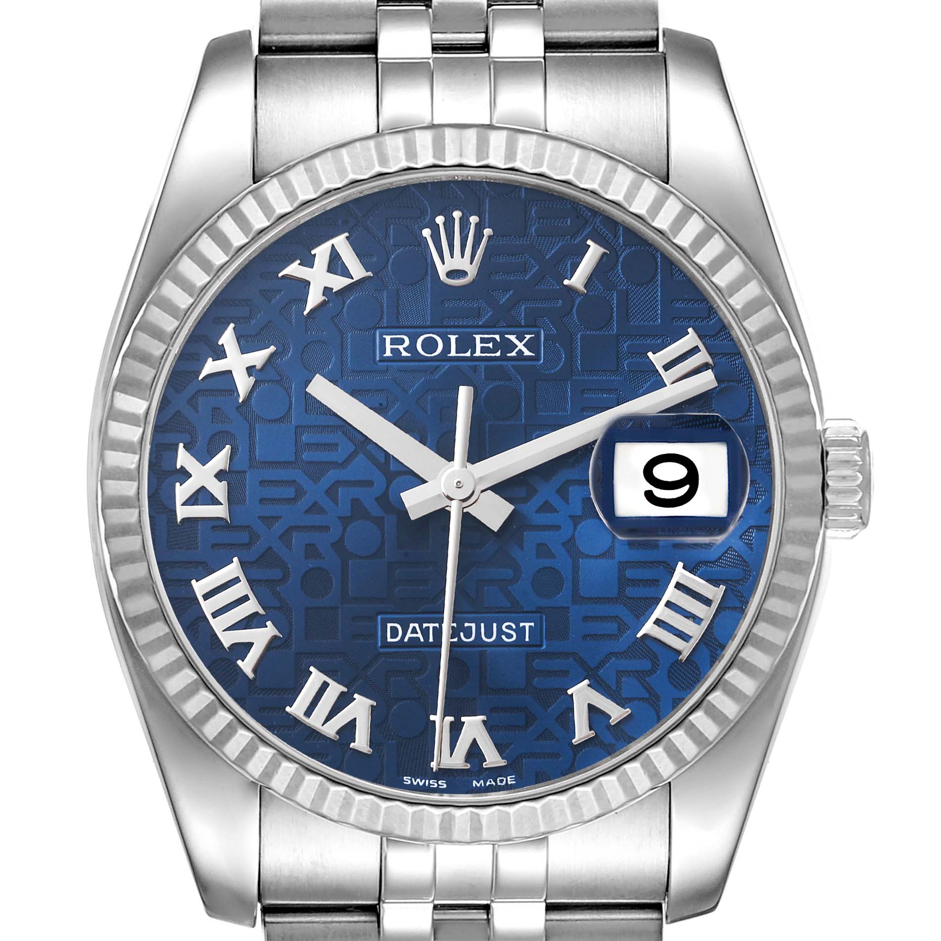 This image shows a front view of a Rolex Datejust 116234 Men's Stainless Steel Blue Dial 116234 Men's Stainless Steel Blue Dial watch, highlighting the blue dial, Roman numerals, and date display.
