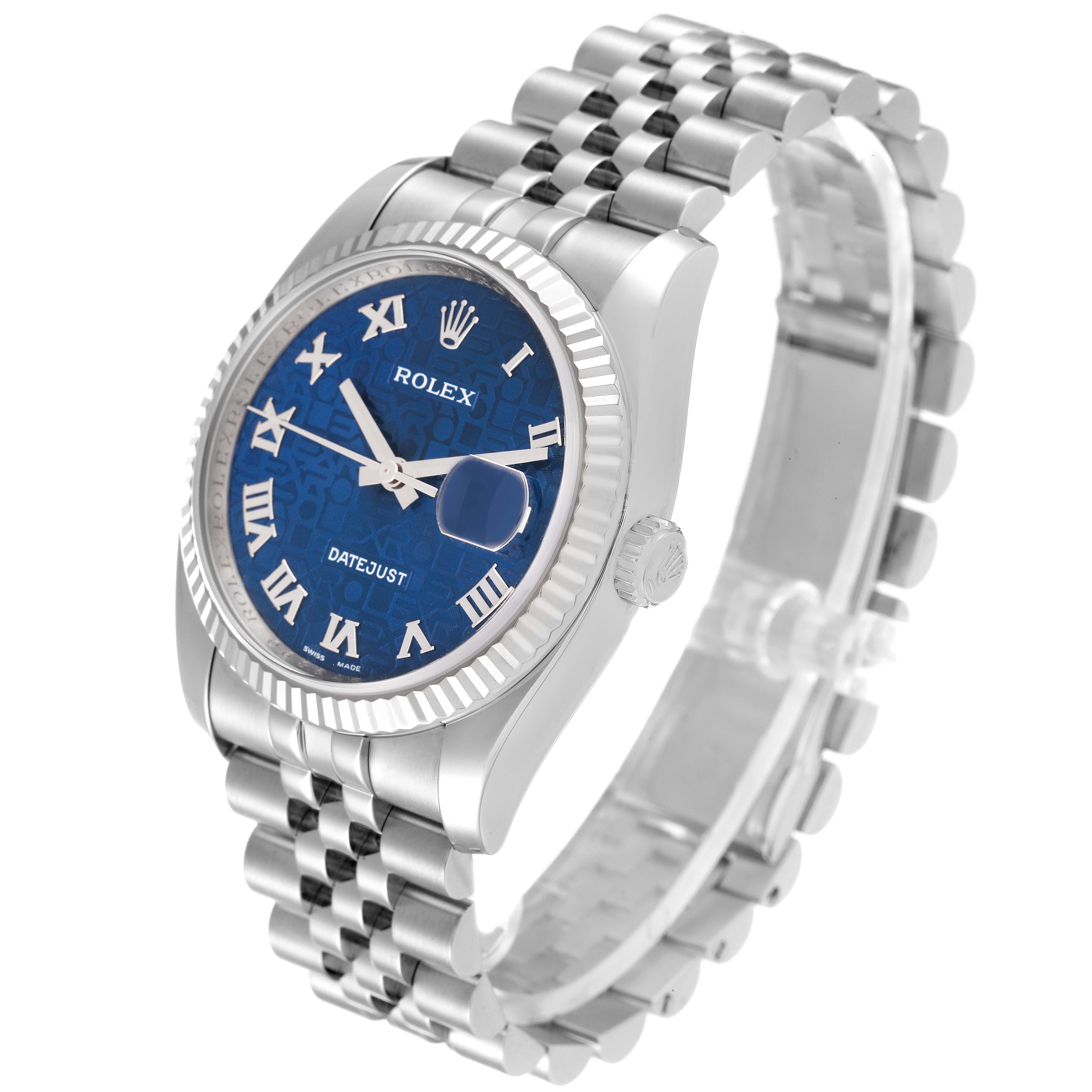 This image shows the Rolex Datejust 116234 Men's Stainless Steel Blue Dial 116234 Men's Stainless Steel Blue Dial watch at an angled view highlighting the watch face, bezel, crown, and Jubilee bracelet.