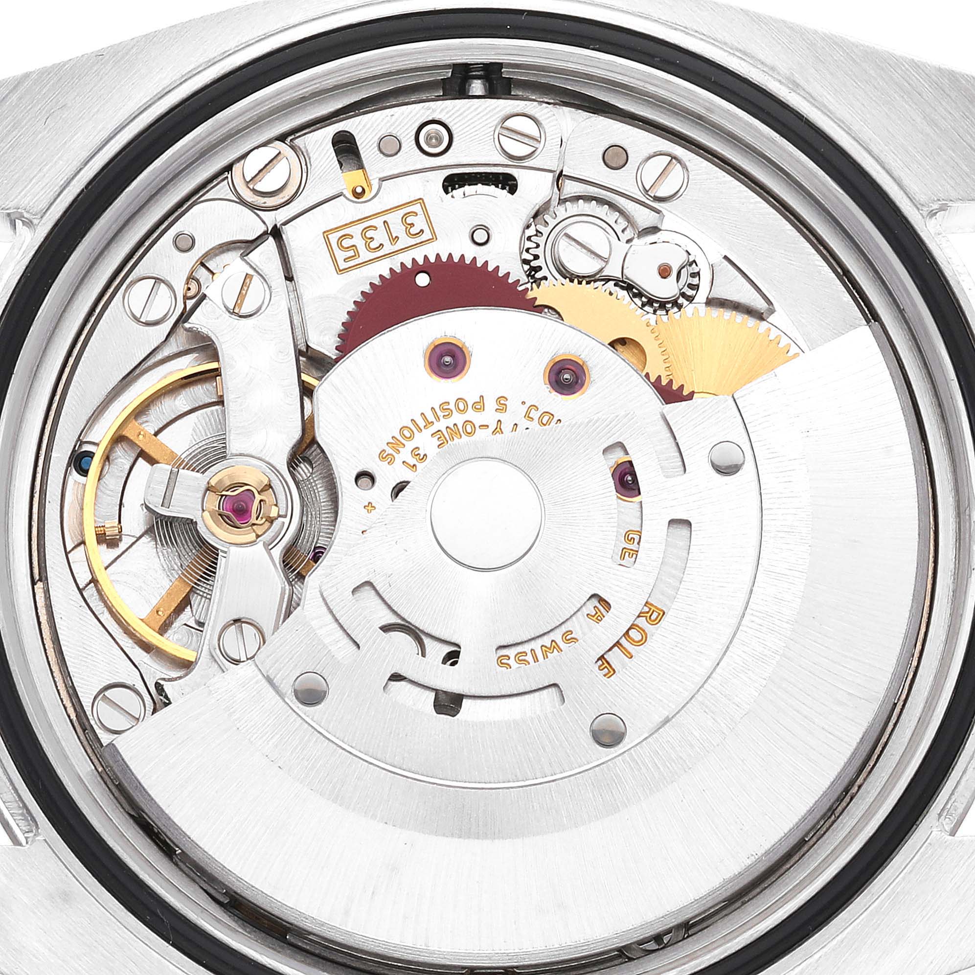 This image shows the internal mechanism of a Rolex Datejust 116234 Men's Stainless Steel Blue Dial 116234 Men's Stainless Steel Blue Dial watch from a top-down angle.