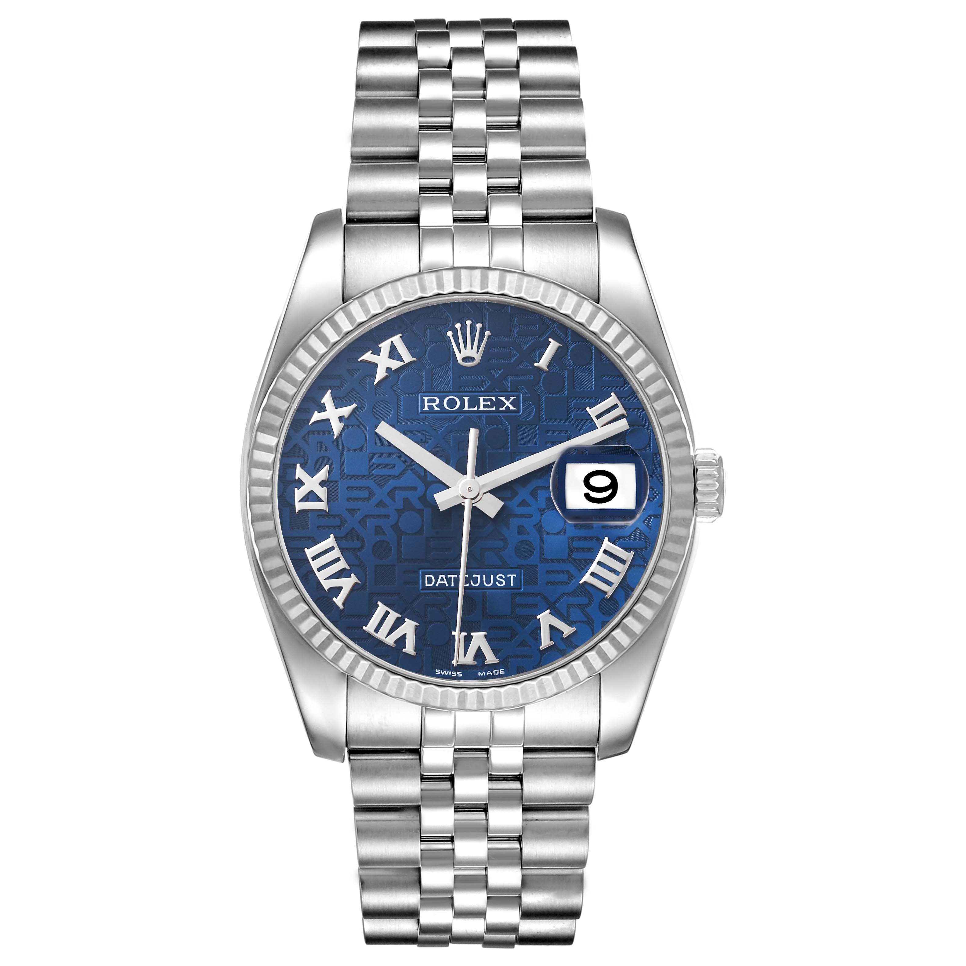 This Rolex Datejust 116234 Men's Stainless Steel Blue Dial 116234 Men's Stainless Steel Blue Dial watch is shown from a front angle, displaying its blue dial, Roman numeral markers, date window, and Jubilee bracelet.
