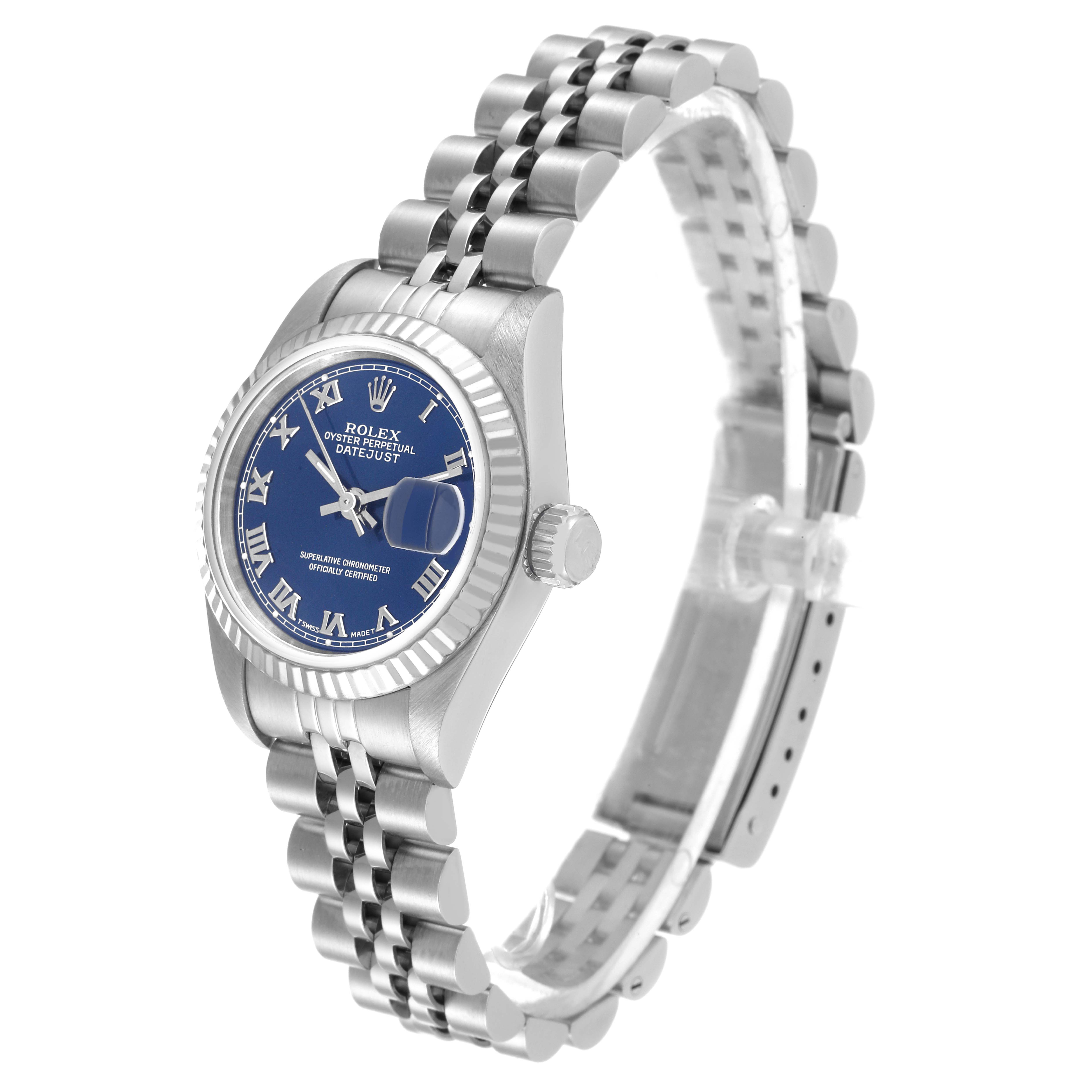 The image shows a Rolex Datejust 69174 Women's Stainless Steel Blue Dial 69174 Women's Stainless Steel Blue Dial watch at a slight angle, prominently displaying the face, crown, and Jubilee bracelet.