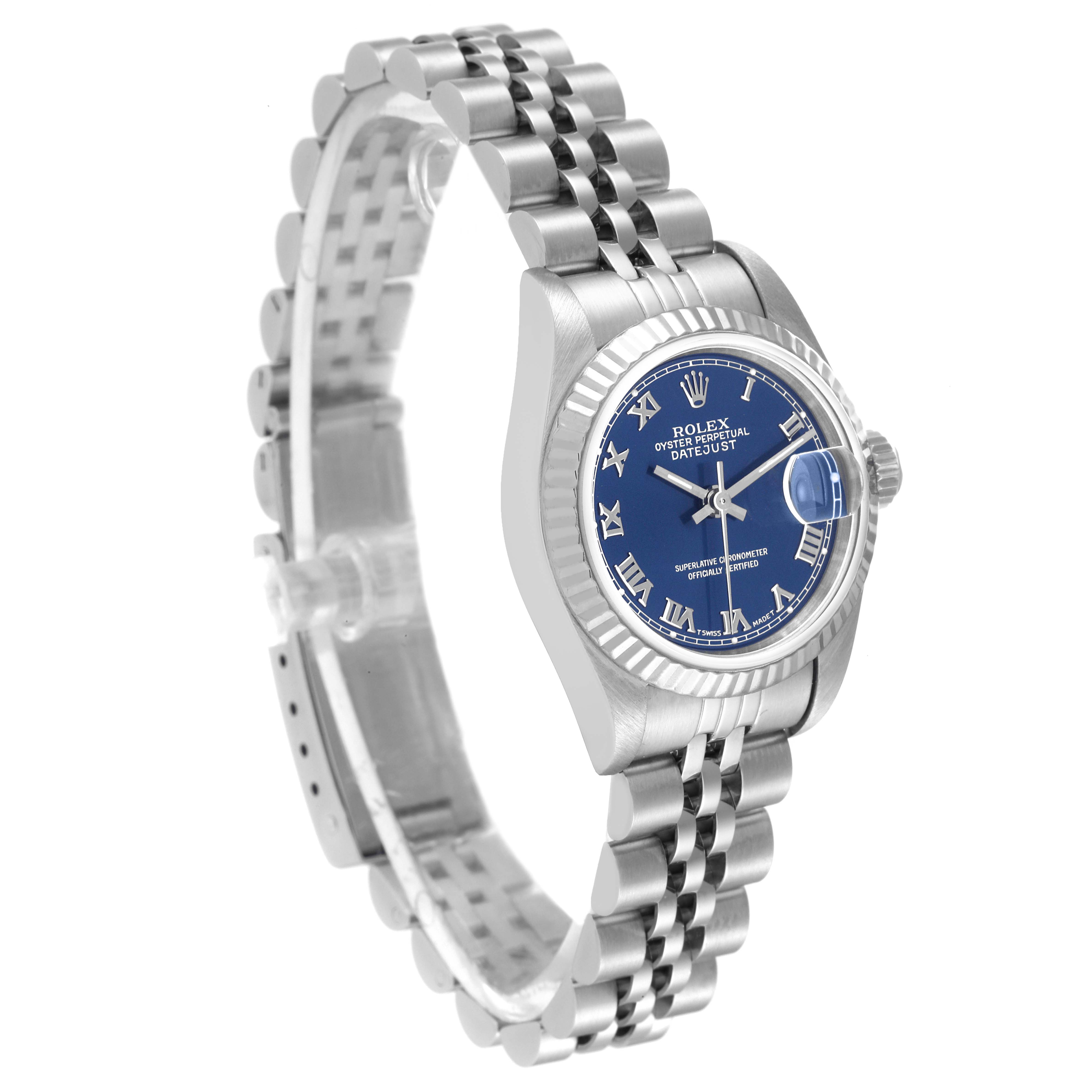The image shows a side view of a Rolex Datejust 69174 Women's Stainless Steel Blue Dial 69174 Women's Stainless Steel Blue Dial watch featuring its blue dial, fluted bezel, and stainless steel Jubilee bracelet.