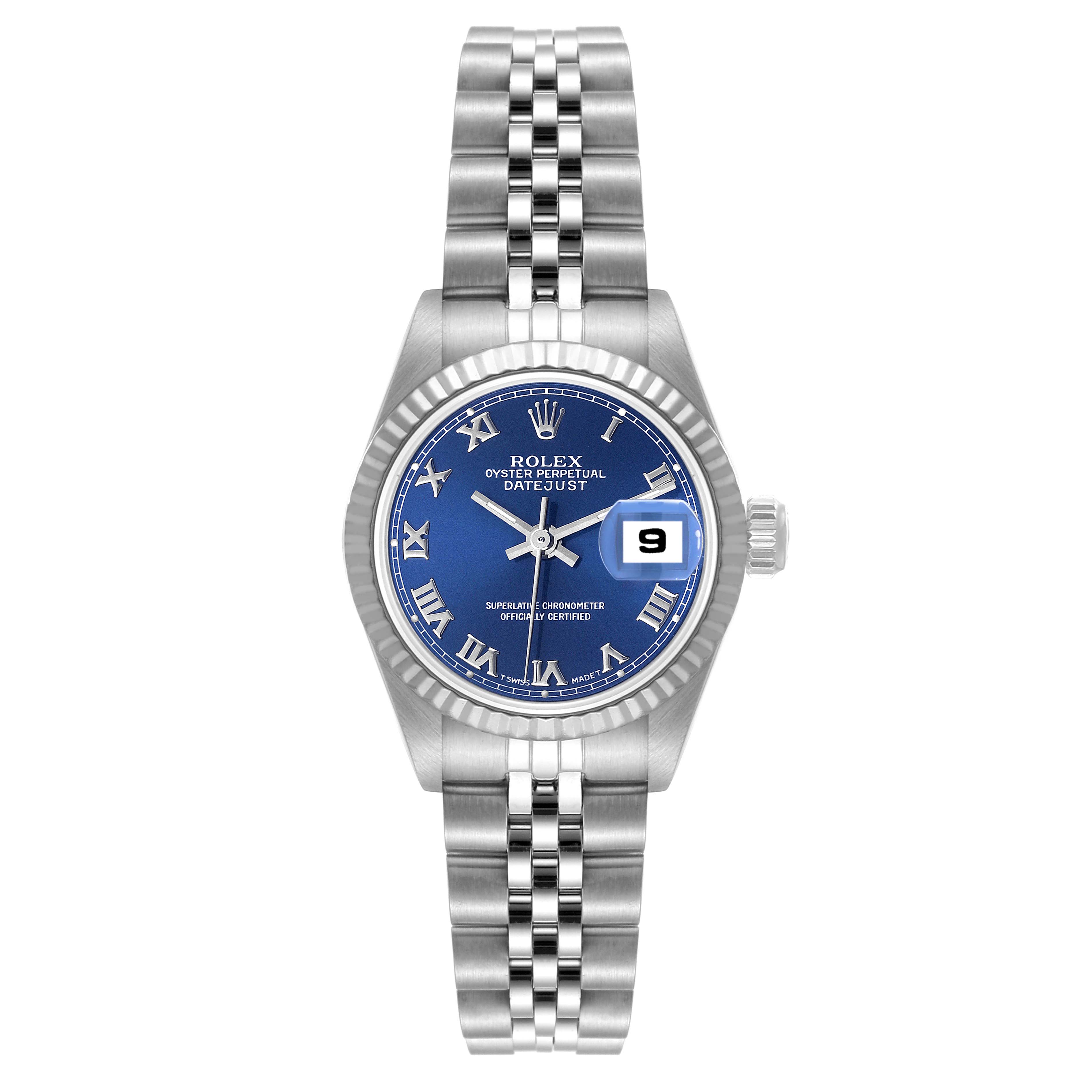 This image shows a Rolex Datejust 69174 Women's Stainless Steel Blue Dial 69174 Women's Stainless Steel Blue Dial watch with a blue dial, fluted bezel, Roman numerals, and Jubilee bracelet from a front angle.