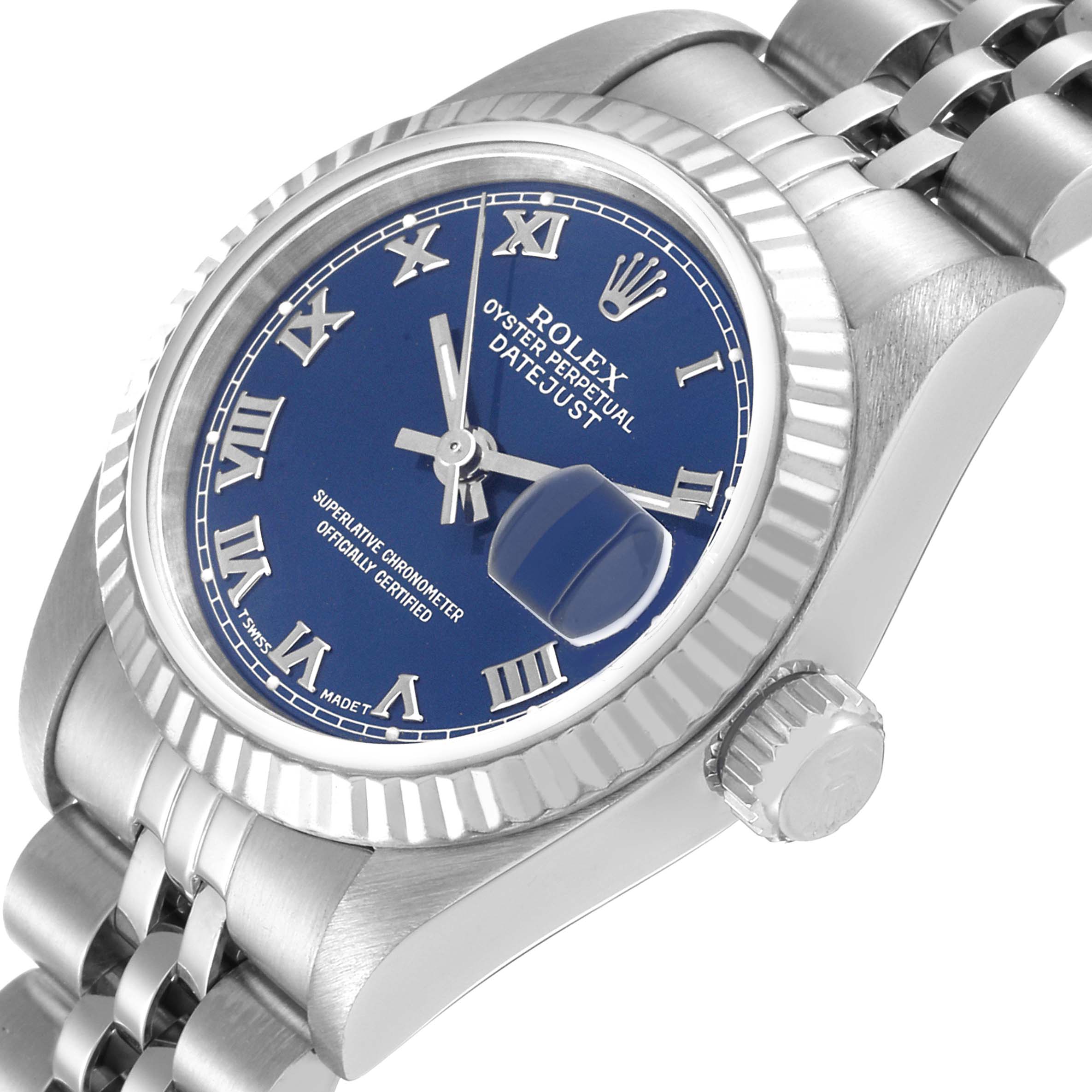 The Rolex Datejust 69174 Women's Stainless Steel Blue Dial 69174 Women's Stainless Steel Blue Dial watch is shown at a slight angle, displaying the dial, fluted bezel, and part of the Jubilee bracelet.
