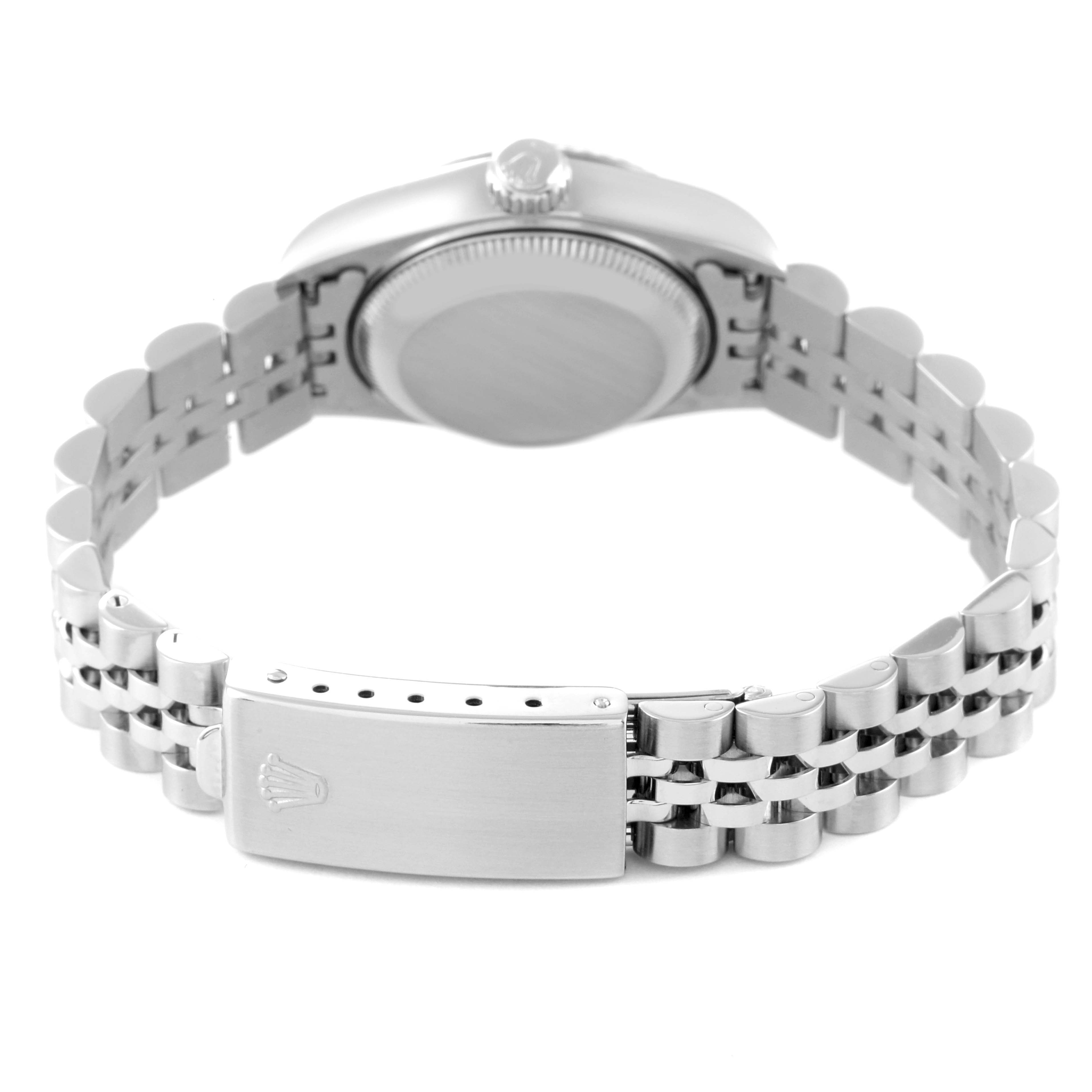 The image shows the back view of a Rolex Datejust 69174 Women's Stainless Steel Blue Dial 69174 Women's Stainless Steel Blue Dial watch, highlighting its bracelet and clasp.