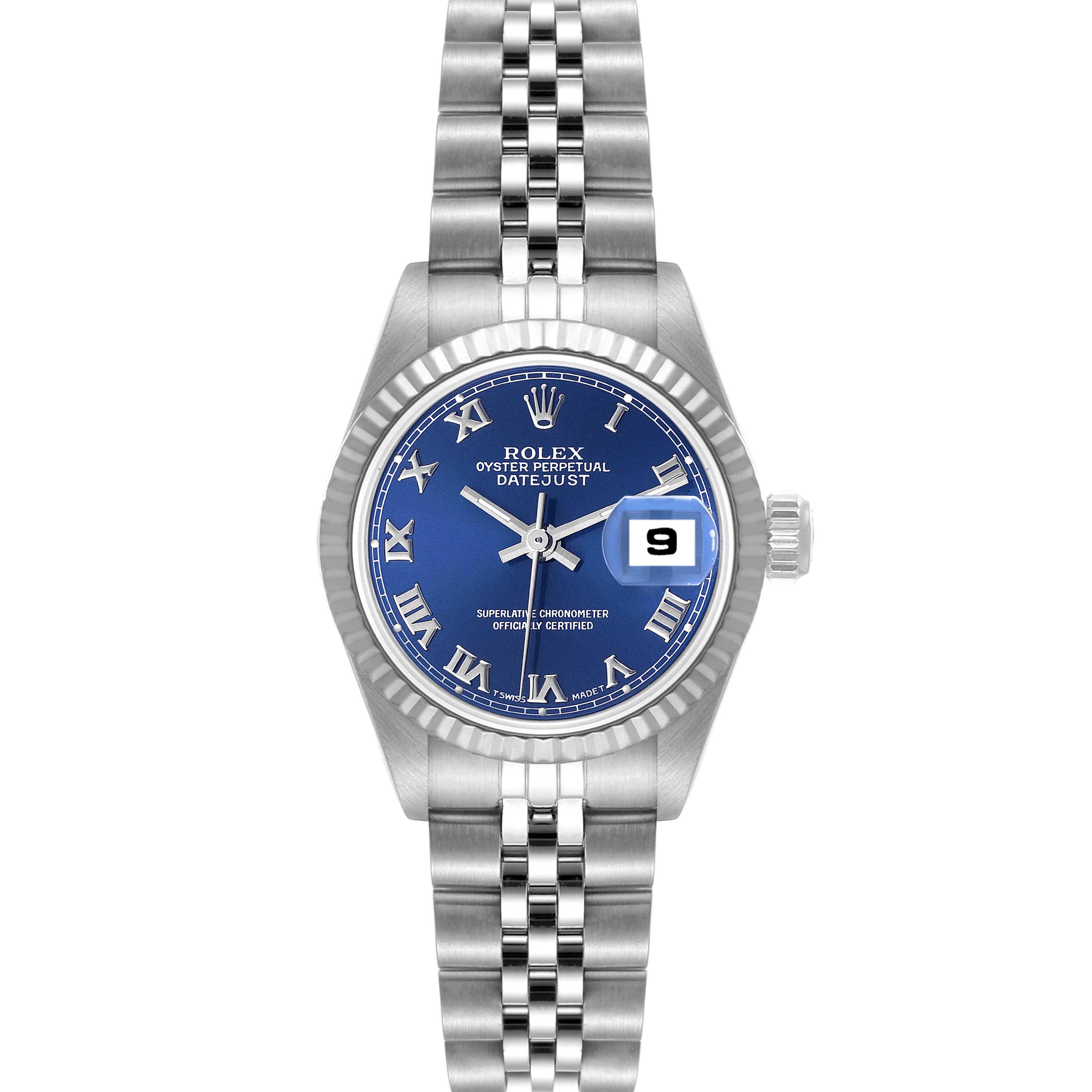 This image shows a front view of a Rolex Datejust 69174 Women's Stainless Steel Blue Dial 69174 Women's Stainless Steel Blue Dial watch, highlighting its blue dial, fluted bezel, and Jubilee bracelet.