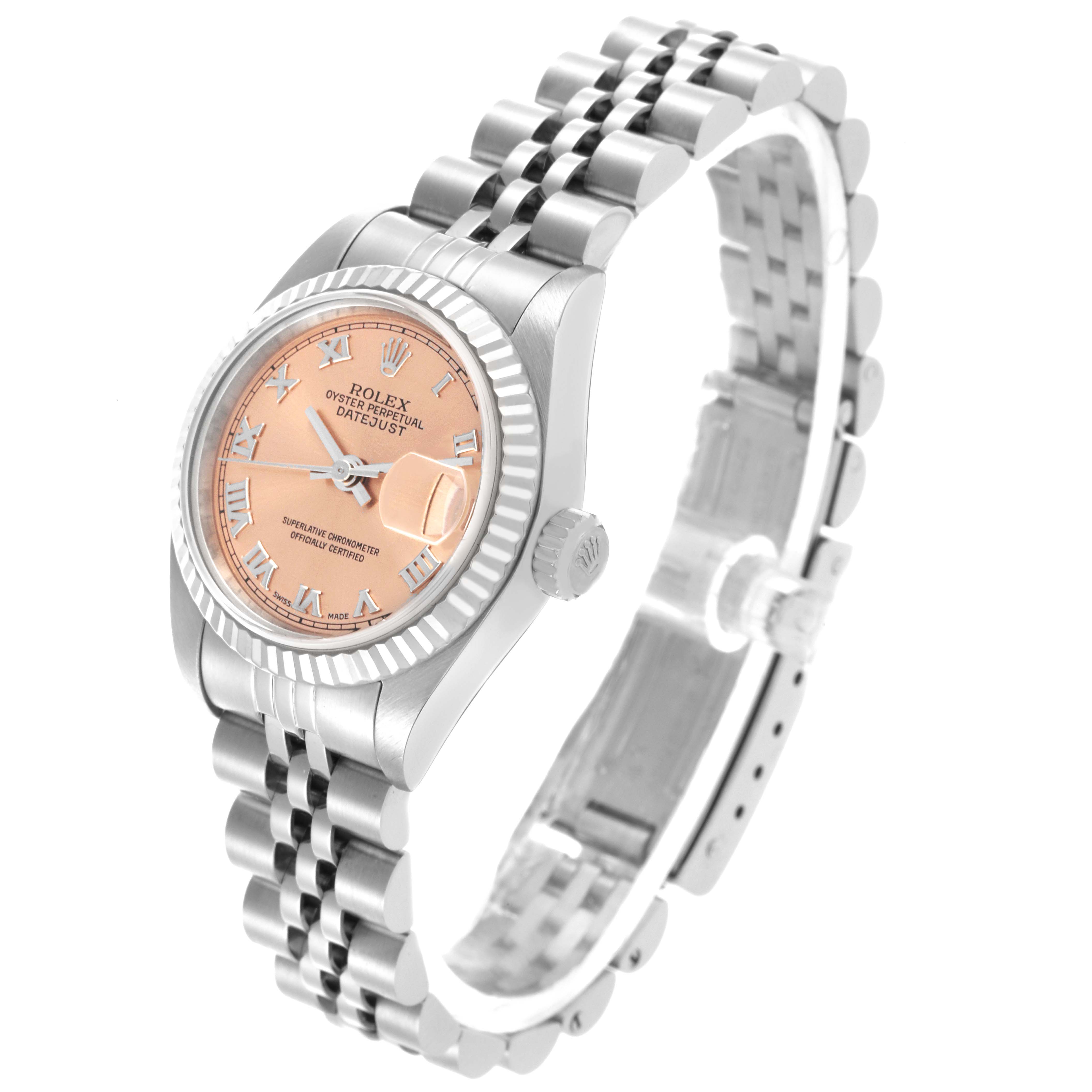 The Rolex Datejust 69174 Women's Stainless Steel Pink Dial 69174 Women's Stainless Steel Pink Dial watch is shown at an angled side view, displaying the face, bezel, crown, and bracelet.
