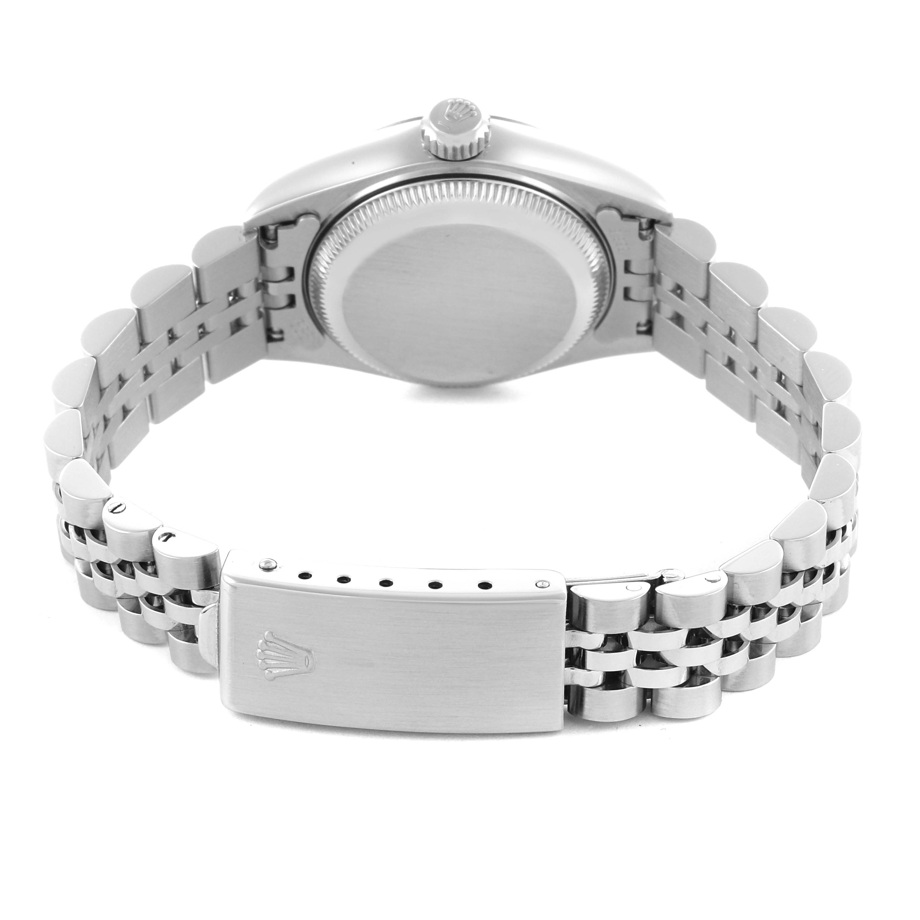 The image shows the back and side of a Rolex Datejust 69174 Women's Stainless Steel Pink Dial 69174 Women's Stainless Steel Pink Dial with its Jubilee bracelet and clasp visible.