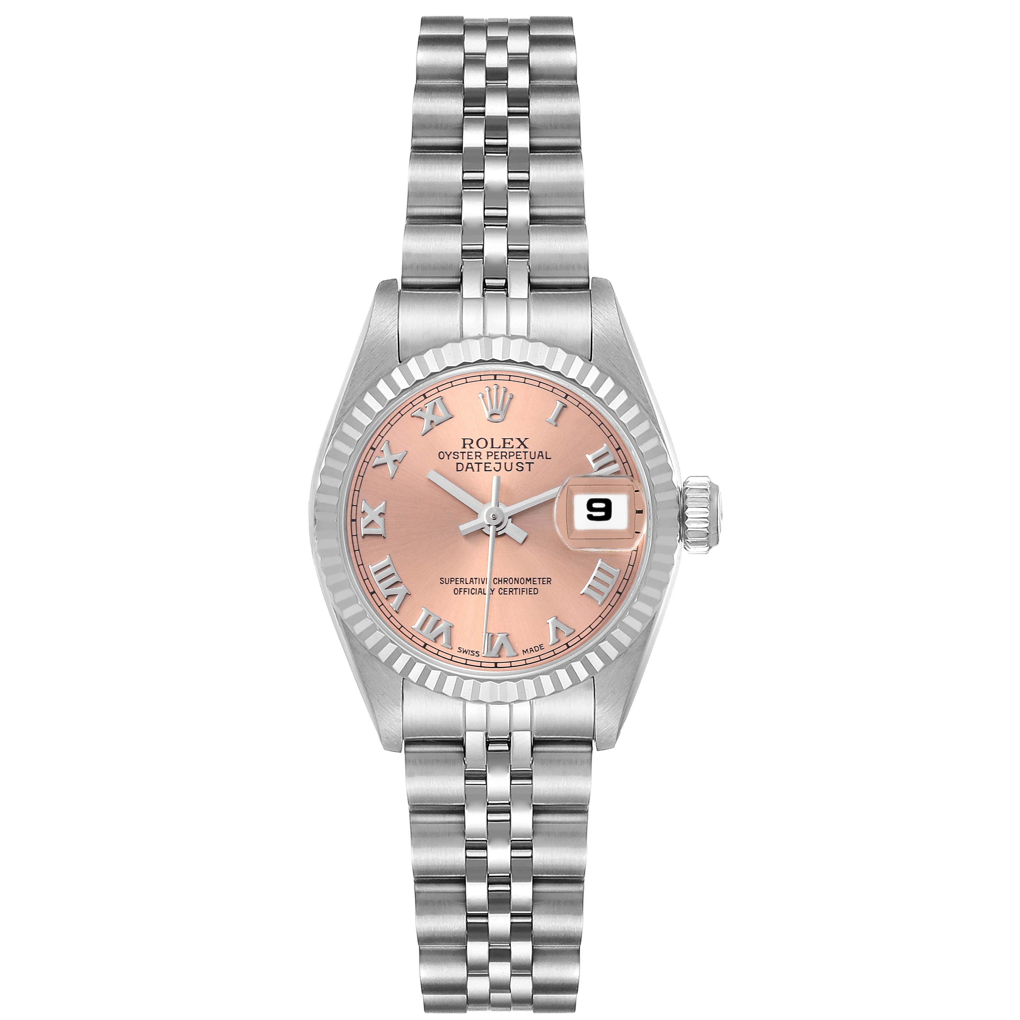 The image shows a frontal view of the Rolex Datejust 69174 Women's Stainless Steel Pink Dial 69174 Women's Stainless Steel Pink Dial watch, highlighting the dial, bezel, and bracelet.