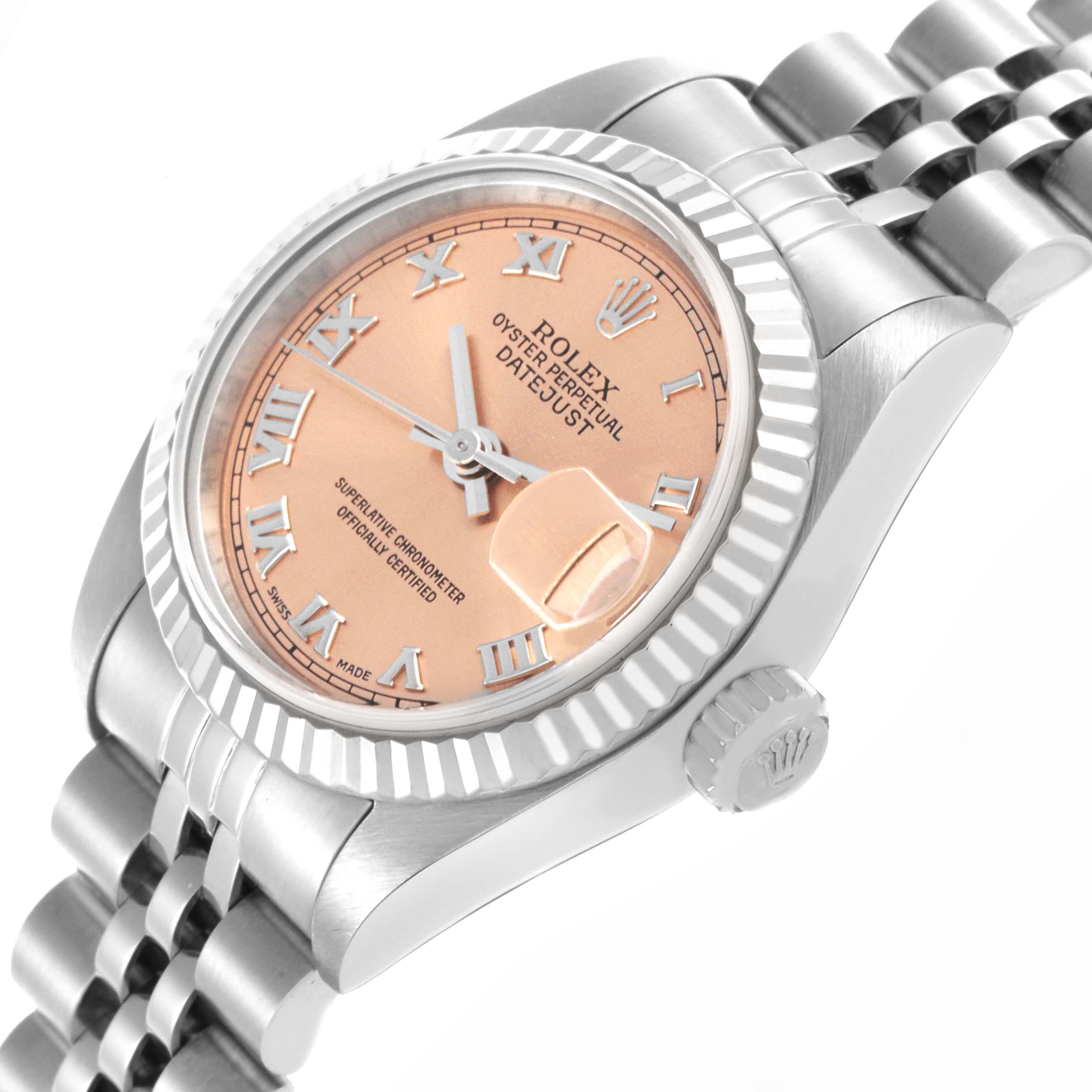 The Rolex Datejust 69174 Women's Stainless Steel Pink Dial 69174 Women's Stainless Steel Pink Dial watch is shown from a side angle, highlighting the face, fluted bezel, and bracelet.