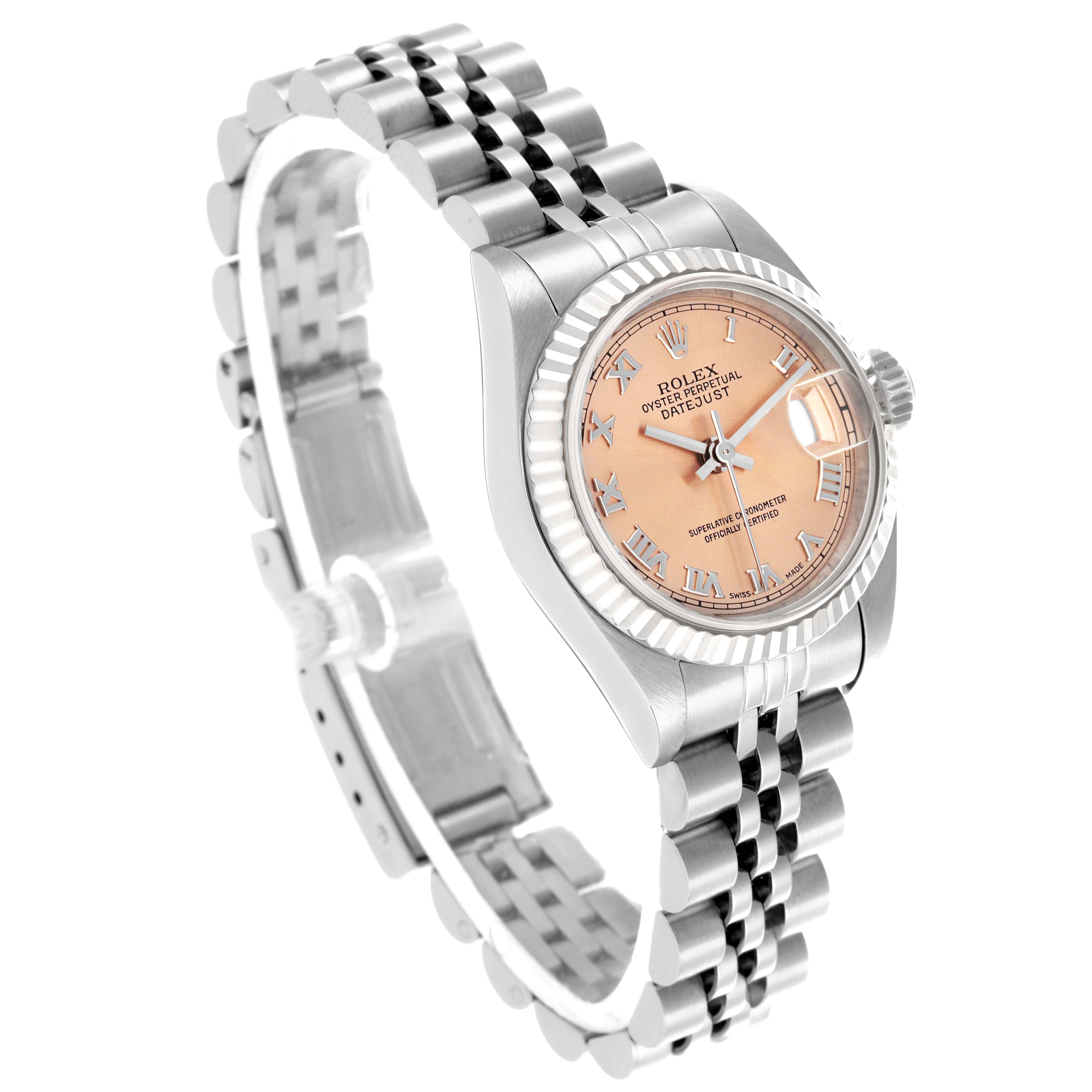 The Rolex Datejust 69174 Women's Stainless Steel Pink Dial 69174 Women's Stainless Steel Pink Dial watch is shown at a three-quarter angle, displaying the face, bezel, crown, and Jubilee bracelet.