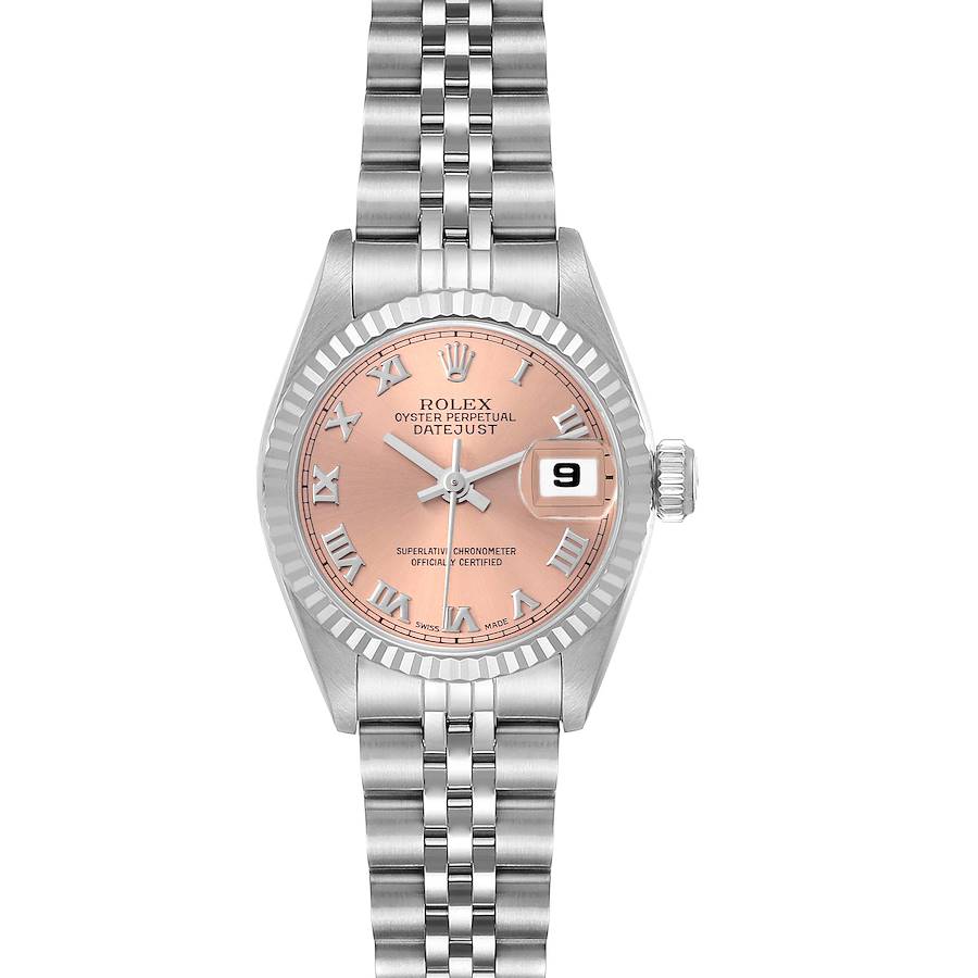 The Rolex Datejust watch is shown from a front angle, highlighting the dial, bezel, crown, and bracelet.