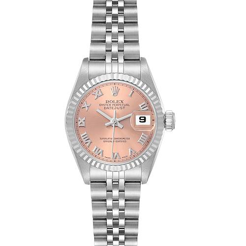 The Rolex Datejust watch is shown from a front angle, highlighting its pink dial, Roman numerals, fluted bezel, and jubilee bracelet.