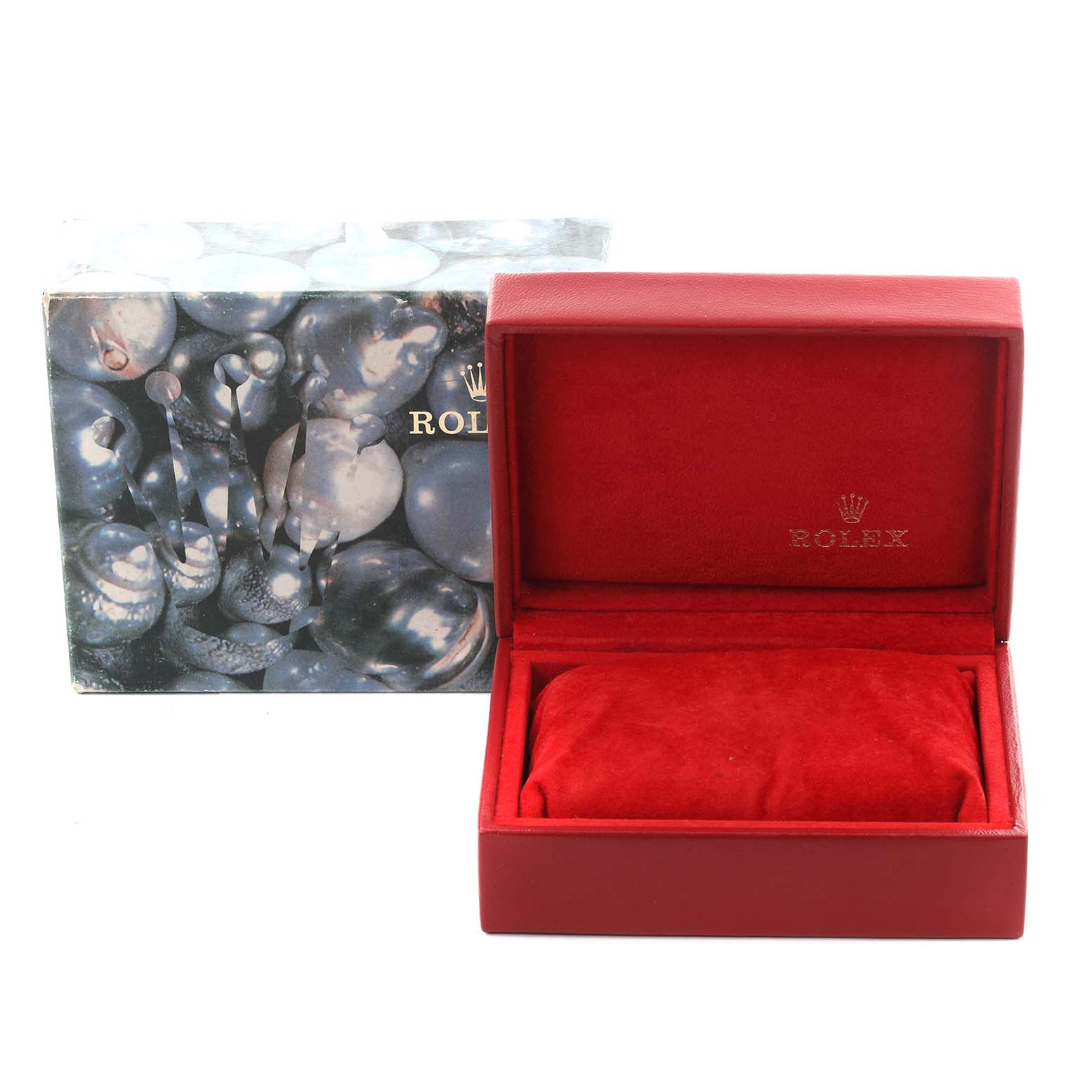 The image shows a Rolex Datejust 69174 Women's Stainless Steel Pink Dial 69174 Women's Stainless Steel Pink Dial box closed, highlighting its red interior and exterior packaging.