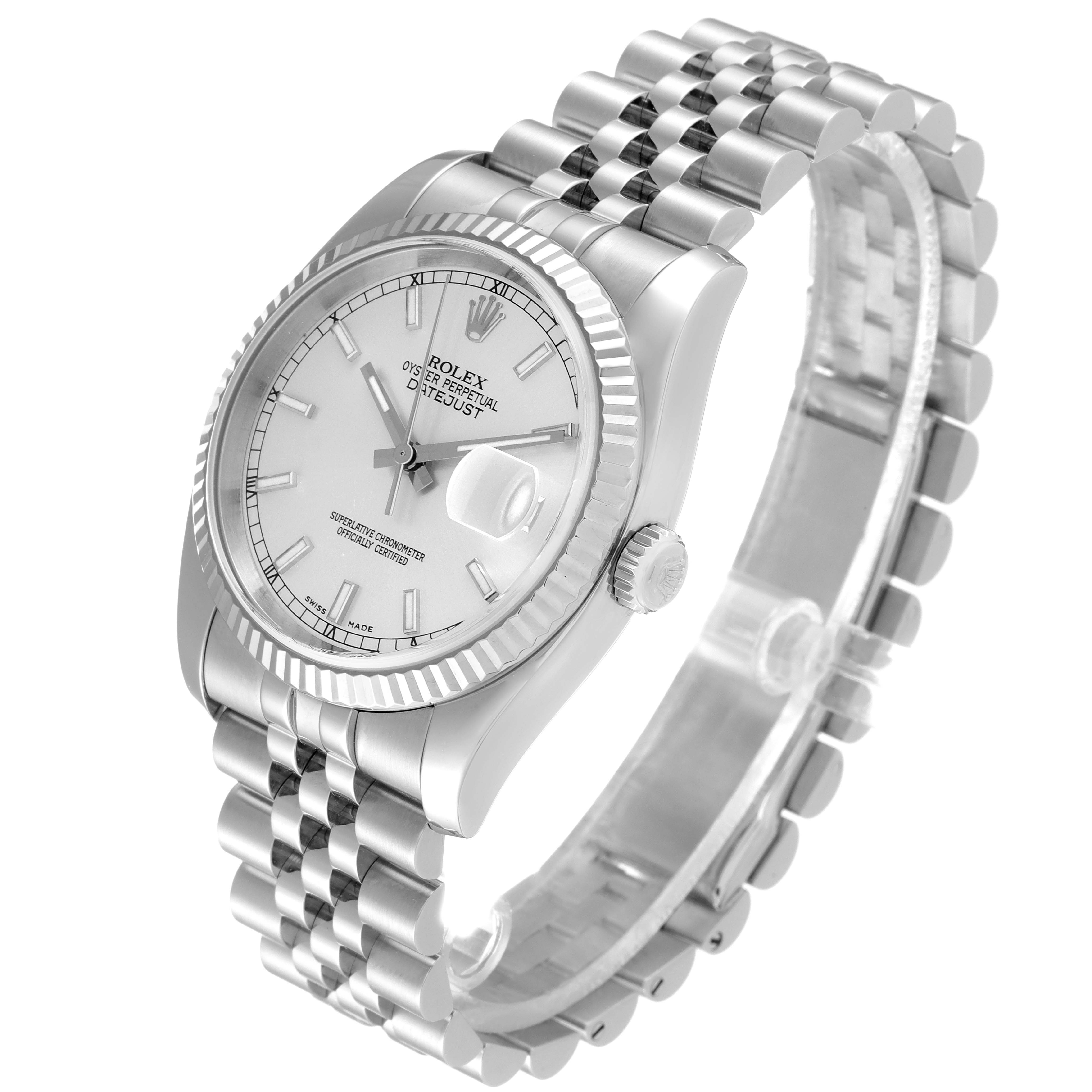 This is a Rolex Datejust 116234 Men
s Stainless Steel Silver Dial 116234 Men
s Stainless Steel Silver Dial watch showing the face, bezel, crown, and stainless steel bracelet at a three-quarter angle.