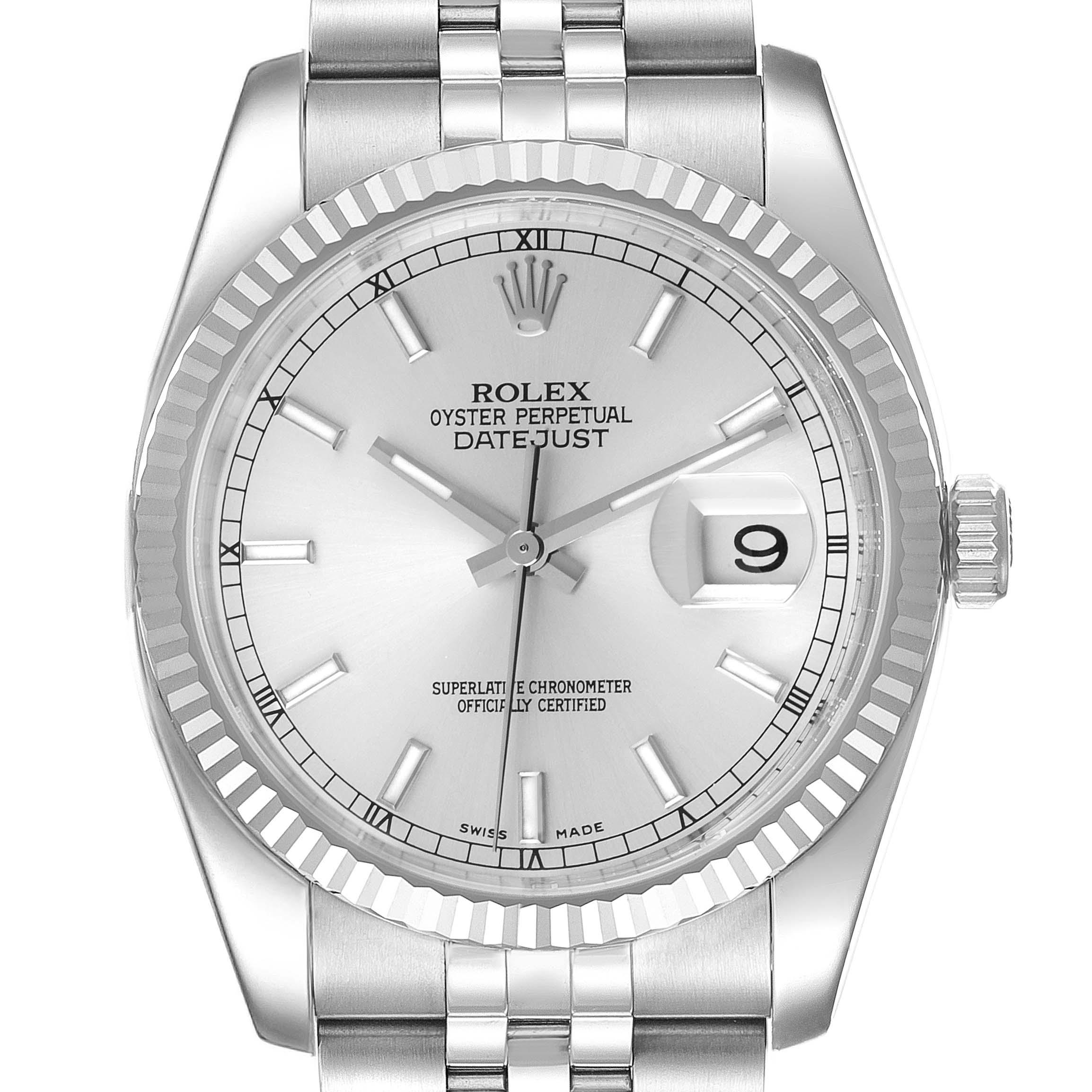 This is a straight-on view of the Rolex Datejust 116234 Men
s Stainless Steel Silver Dial 116234 Men
s Stainless Steel Silver Dial watch, showcasing its face, bezel, crown, and part of the bracelet.