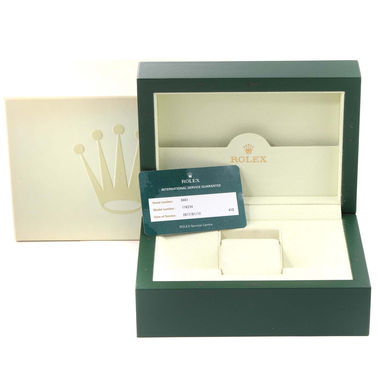 The image showcases the packaging and international service guarantee card for a Rolex Datejust 116234 Men
s Stainless Steel Silver Dial 116234 Men
s Stainless Steel Silver Dial model.