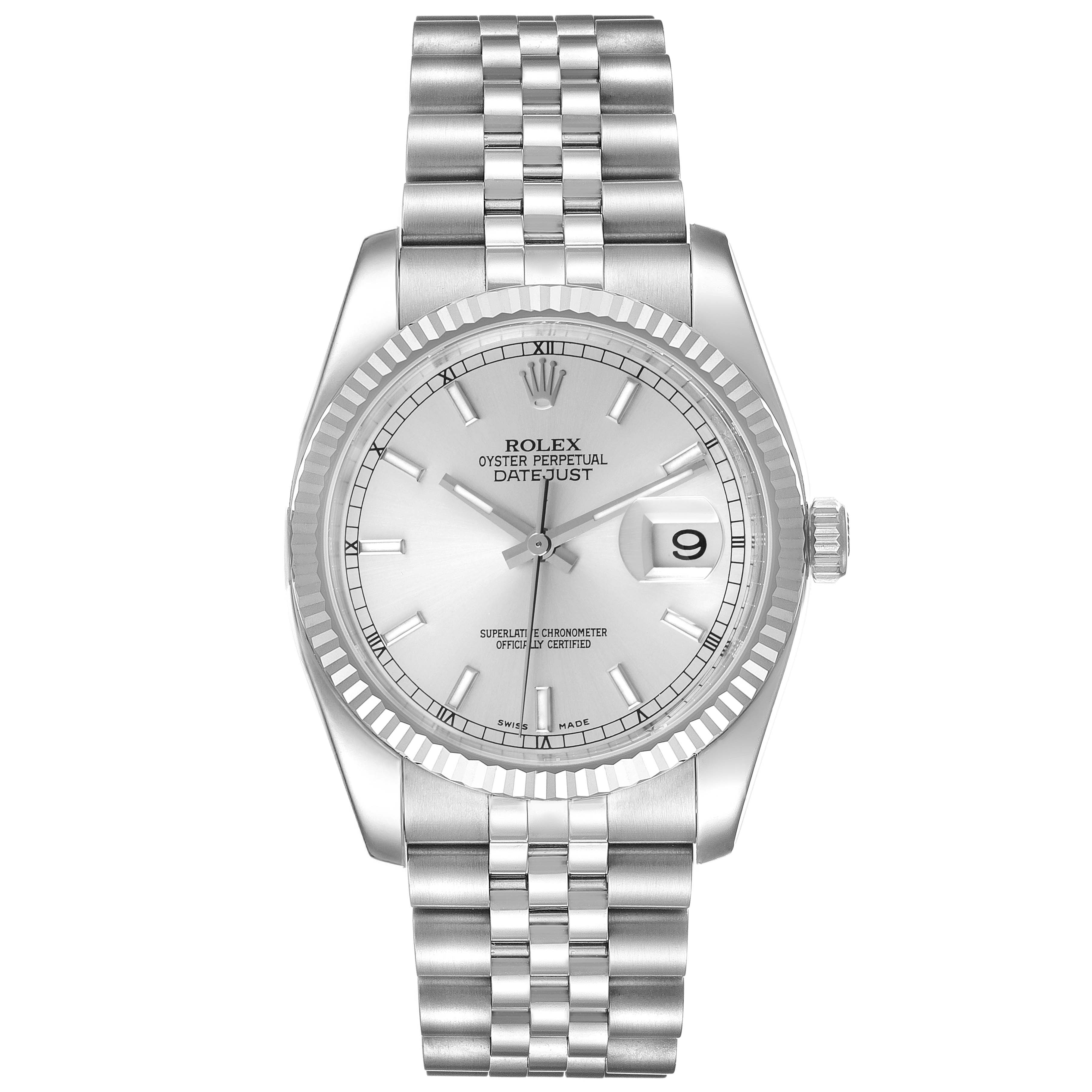 The image shows a frontal view of a Rolex Datejust 116234 Men
s Stainless Steel Silver Dial 116234 Men
s Stainless Steel Silver Dial watch, featuring a silver dial and Jubilee bracelet.