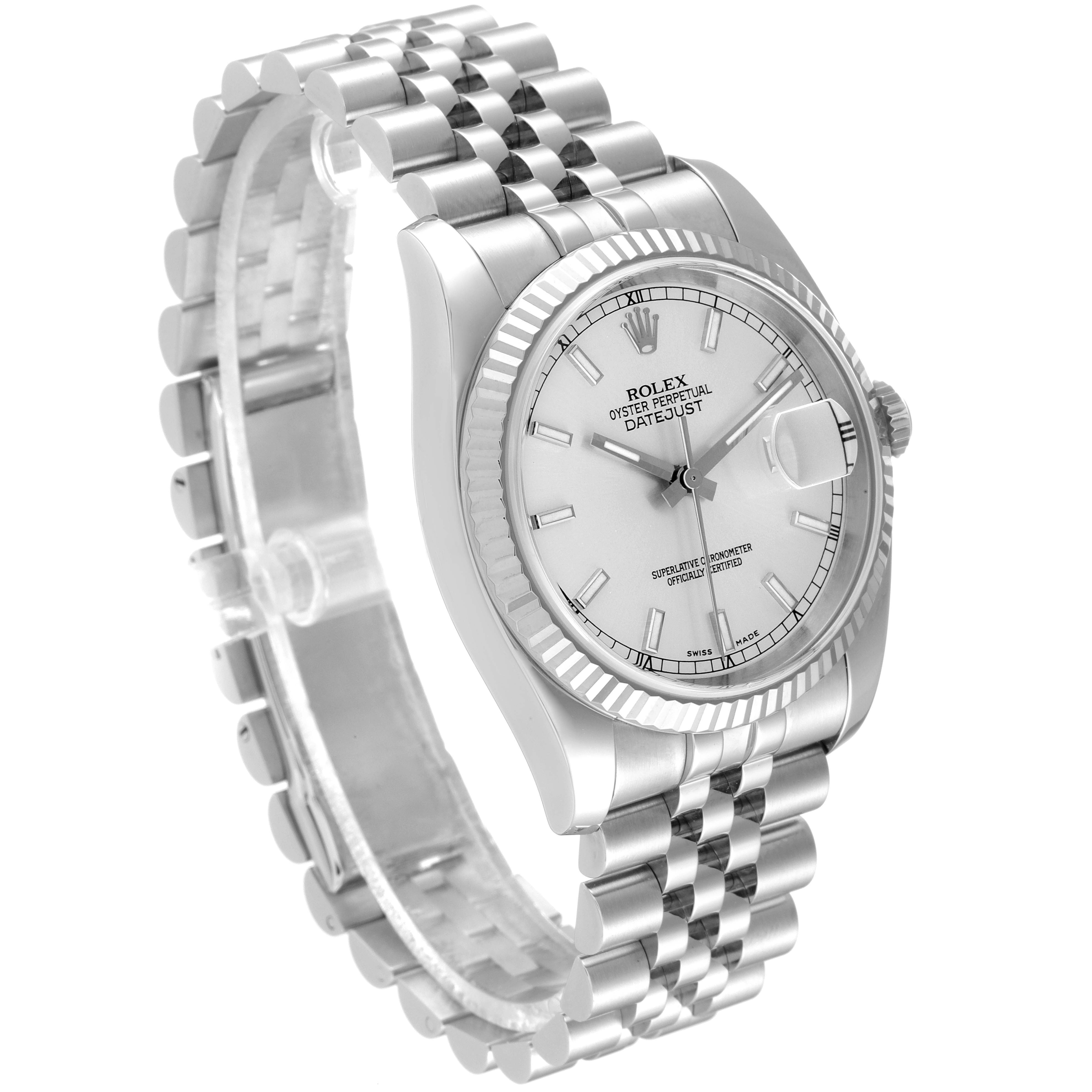 This Rolex Datejust 116234 Men
s Stainless Steel Silver Dial 116234 Men
s Stainless Steel Silver Dial watch is shown from an angled front view, displaying the face, fluted bezel, and Jubilee bracelet.