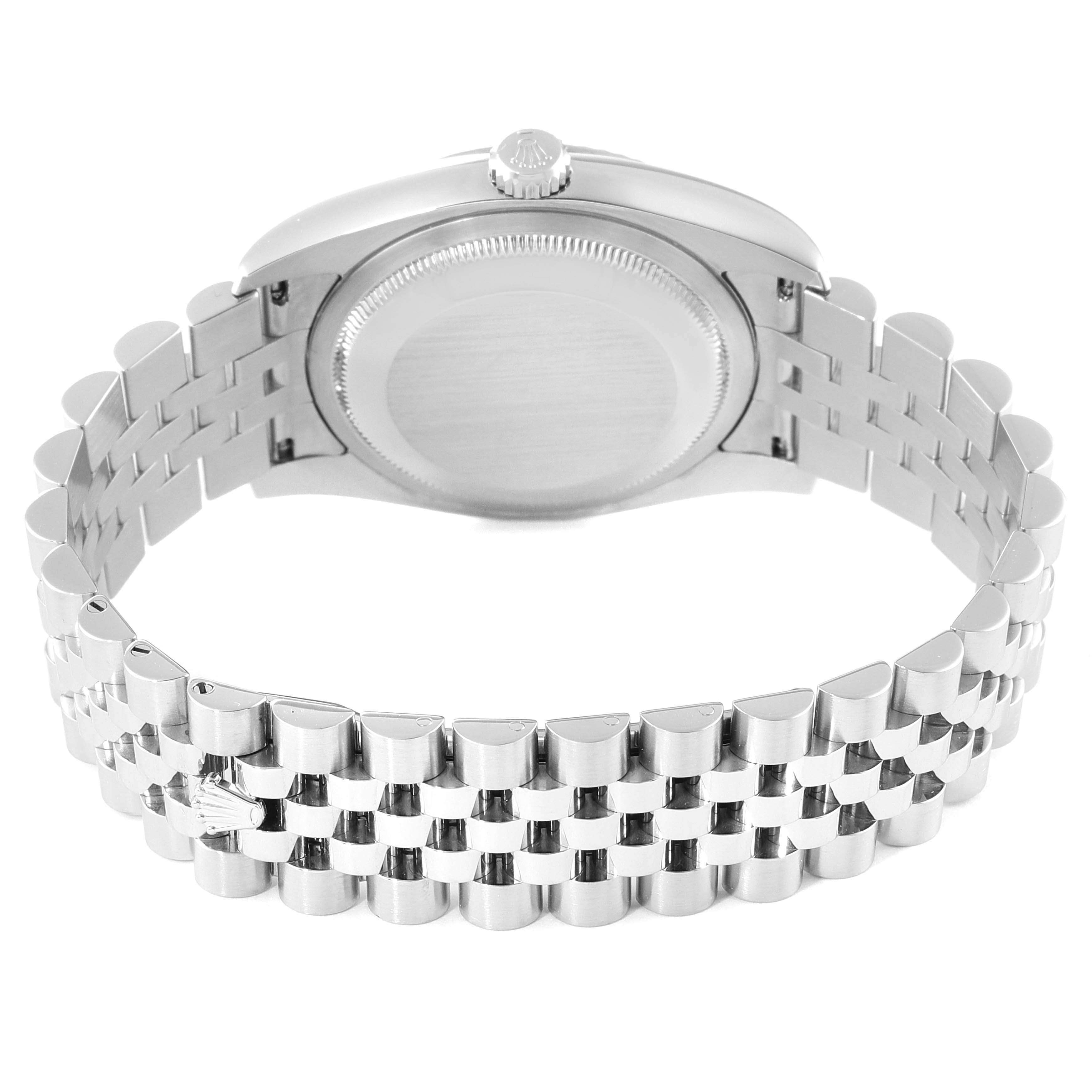 The image shows the back of a Rolex Datejust 116234 Men
s Stainless Steel Silver Dial 116234 Men
s Stainless Steel Silver Dial watch, highlighting the case back and Jubilee bracelet.