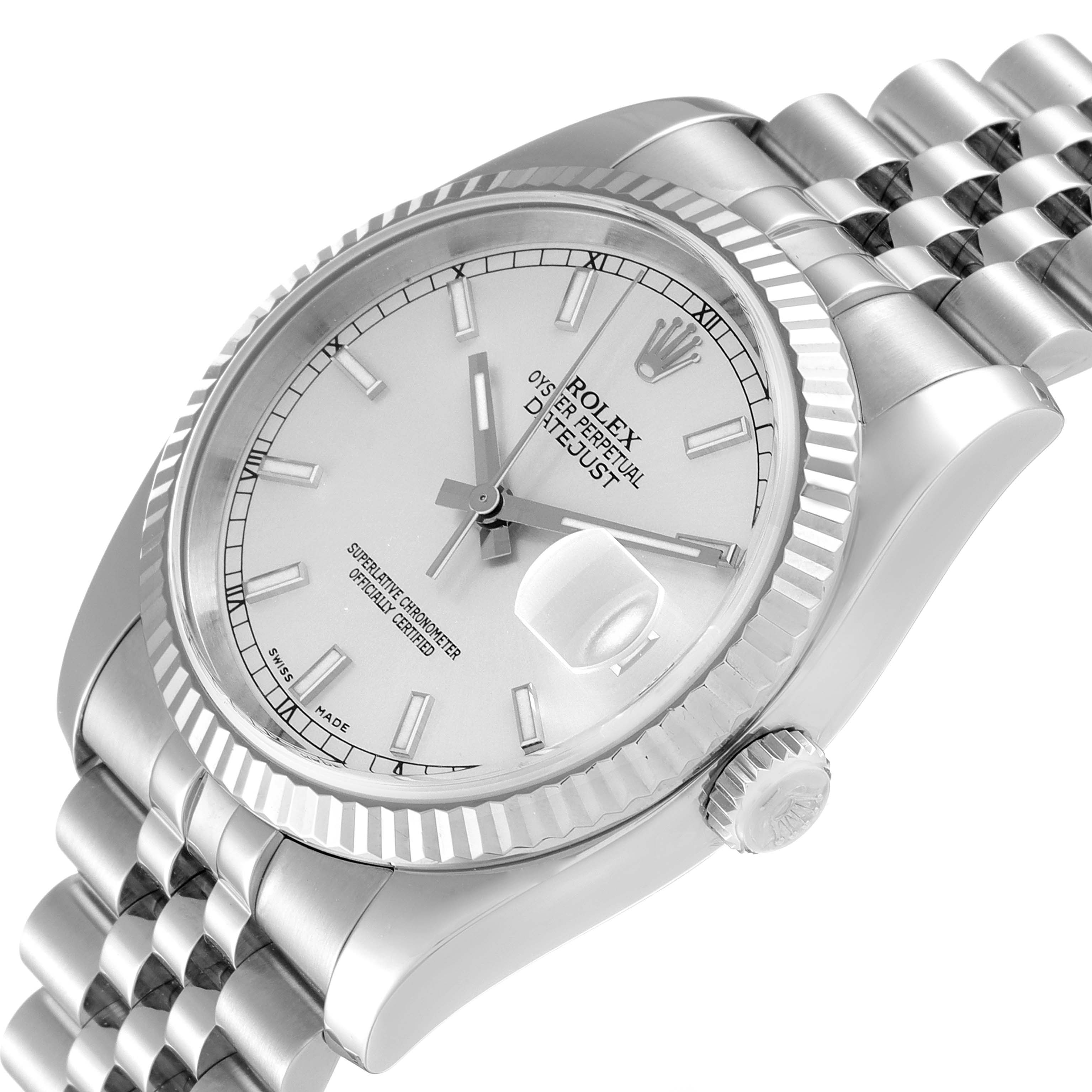 The image shows a close-up view of a Rolex Datejust 116234 Men
s Stainless Steel Silver Dial 116234 Men
s Stainless Steel Silver Dial watch, highlighting the dial, bezel, crown, and part of the bracelet.