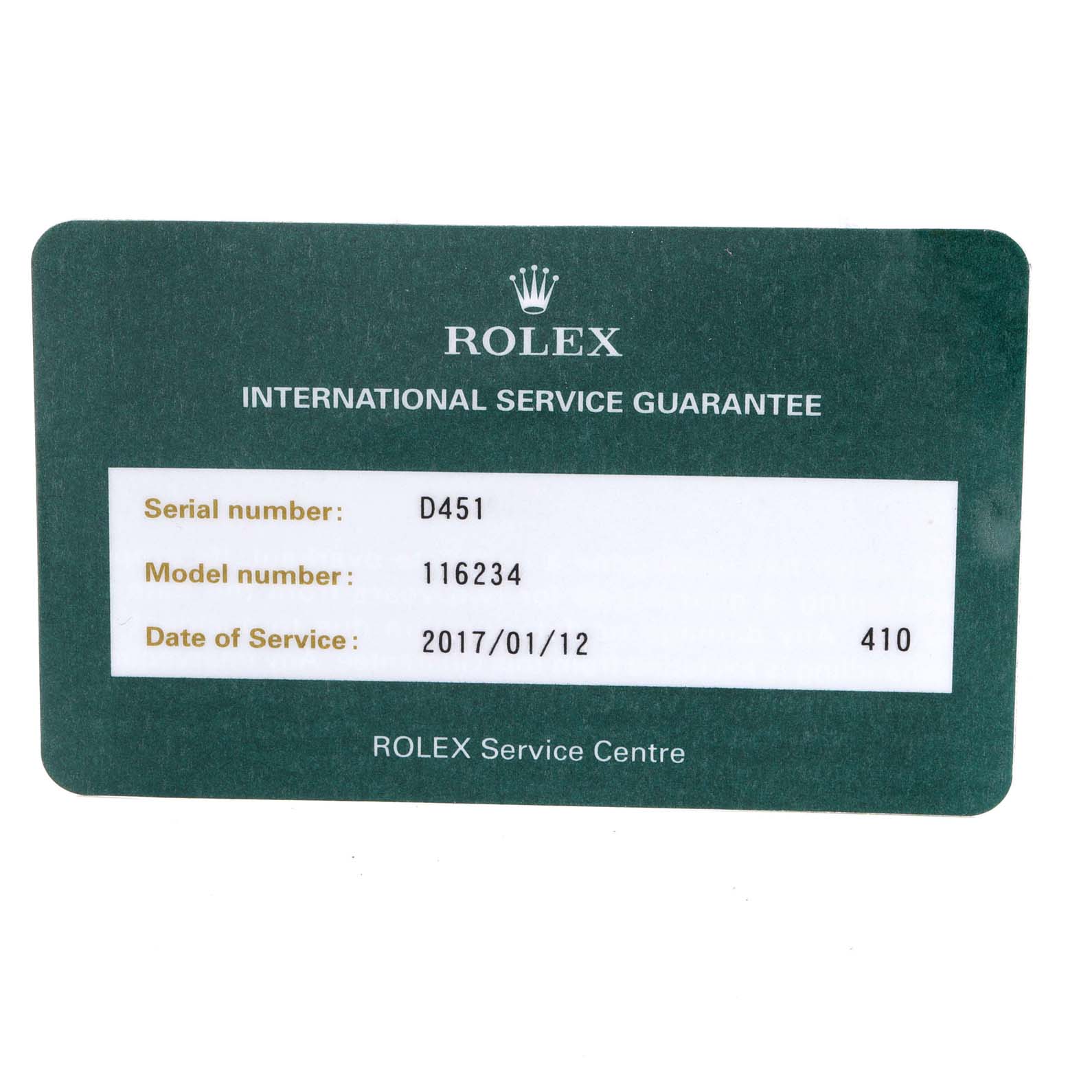 This image shows a green Rolex International Service Guarantee card for a Datejust model.