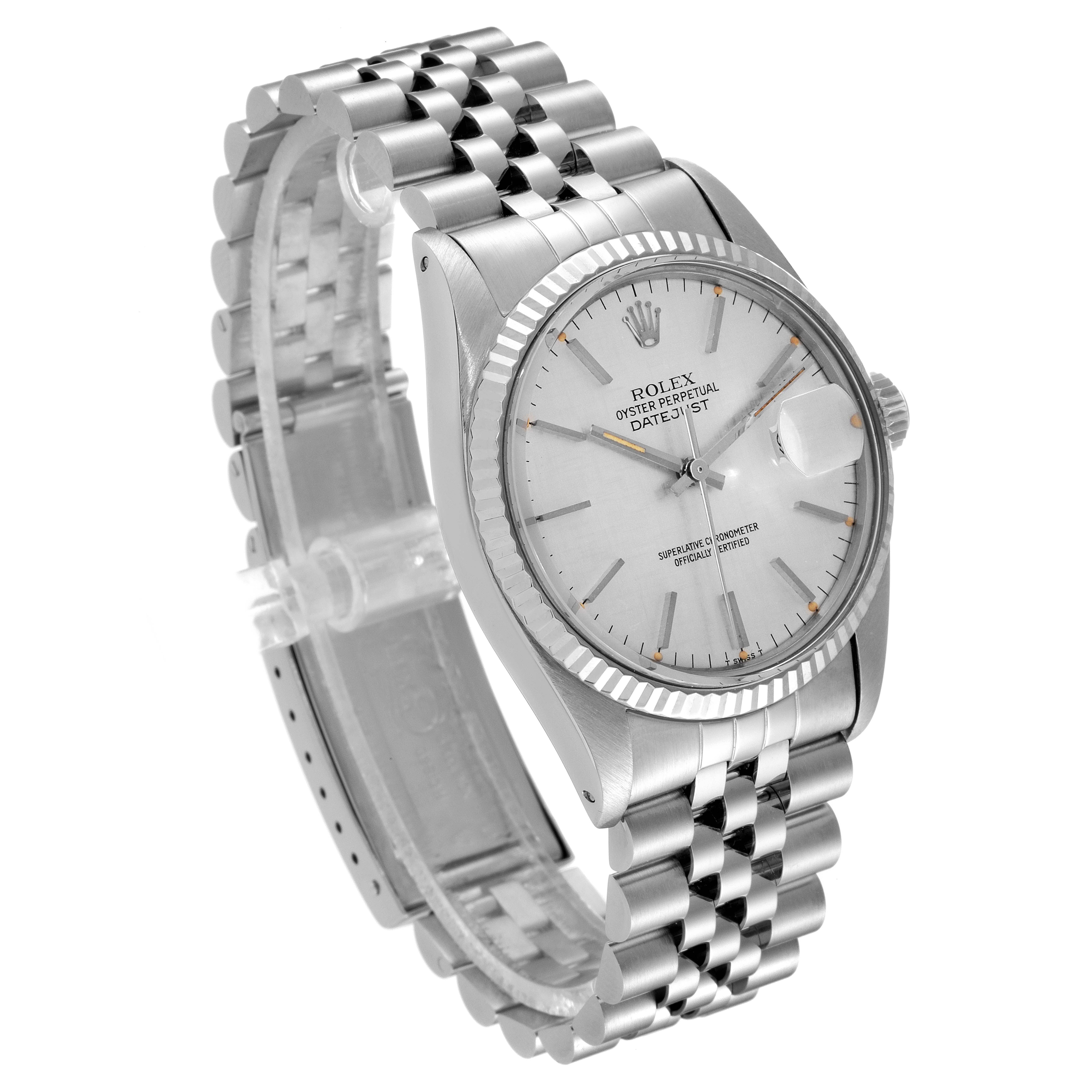 This image shows a frontal angle of the Rolex Vintage Collection 16014 Men's Stainless Steel Silver Dial 16014 Men's Stainless Steel Silver Dial model, displaying its case, dial, bezel, and bracelet.