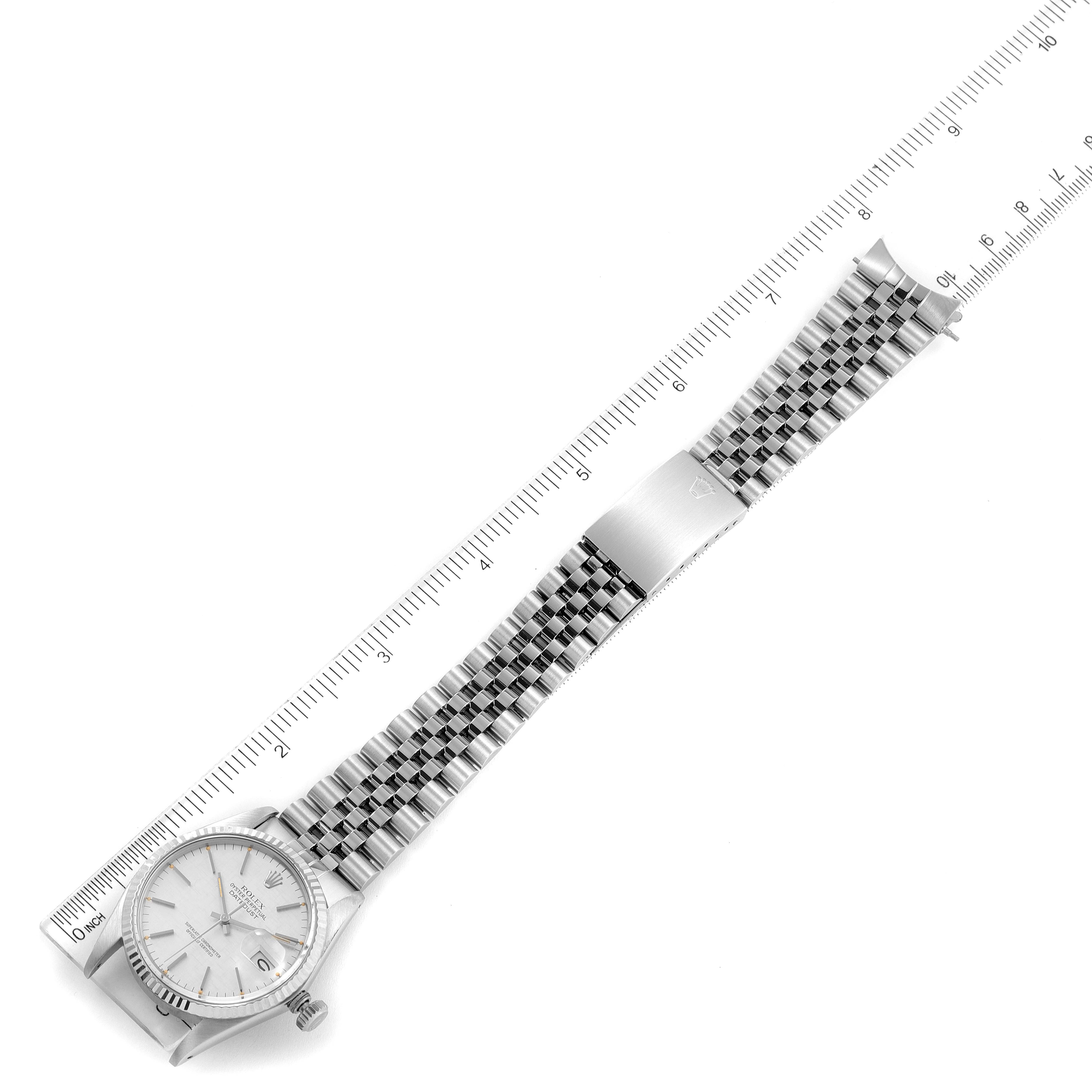 The image shows a top-view angle of the Rolex Vintage Collection 16014 Men's Stainless Steel Silver Dial 16014 Men's Stainless Steel Silver Dial watch, including the case, dial, bracelet, and clasp.