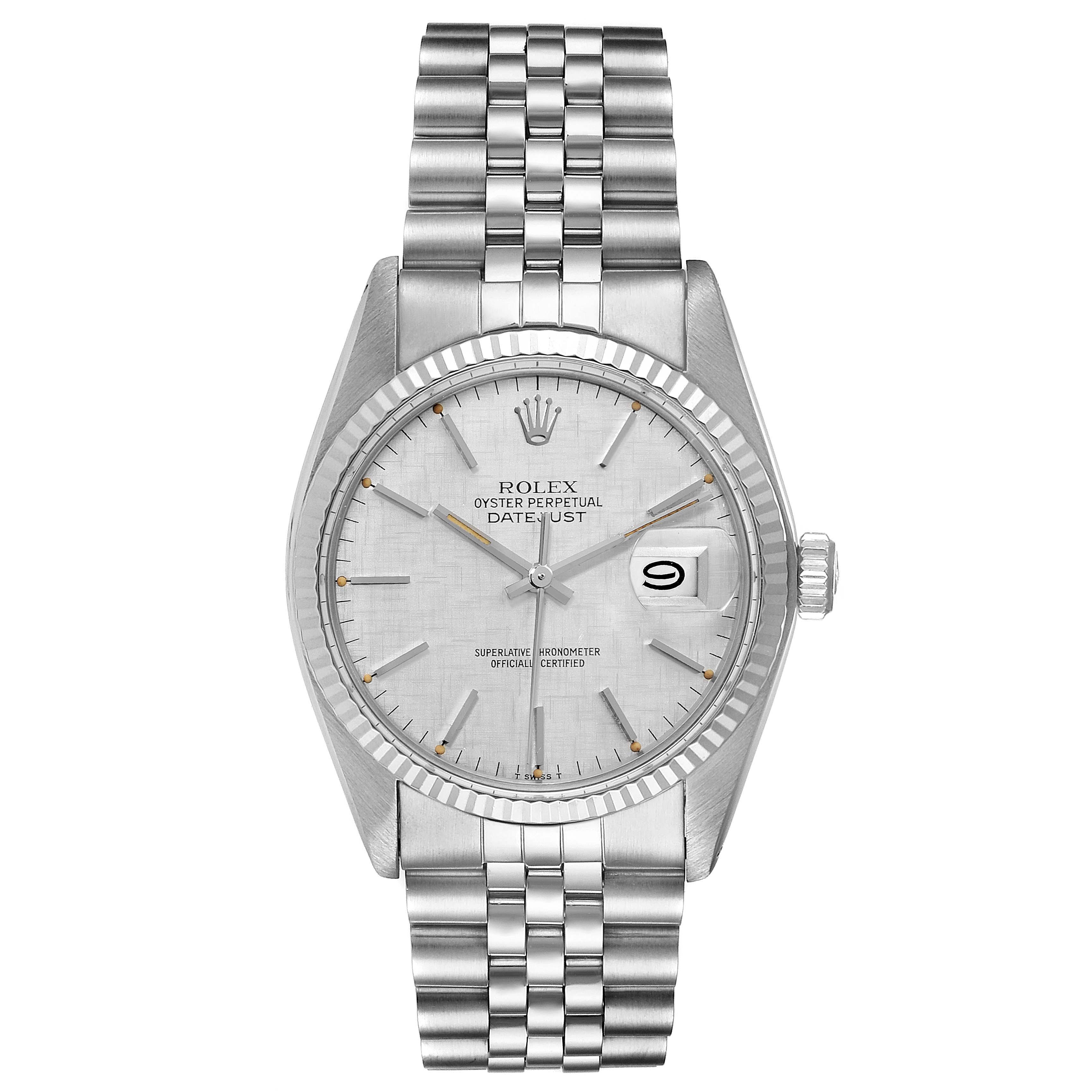This image shows a front view of the Rolex Vintage Collection 16014 Men's Stainless Steel Silver Dial 16014 Men's Stainless Steel Silver Dial Oyster Perpetual Datejust watch, displaying the dial, hands, and bracelet.