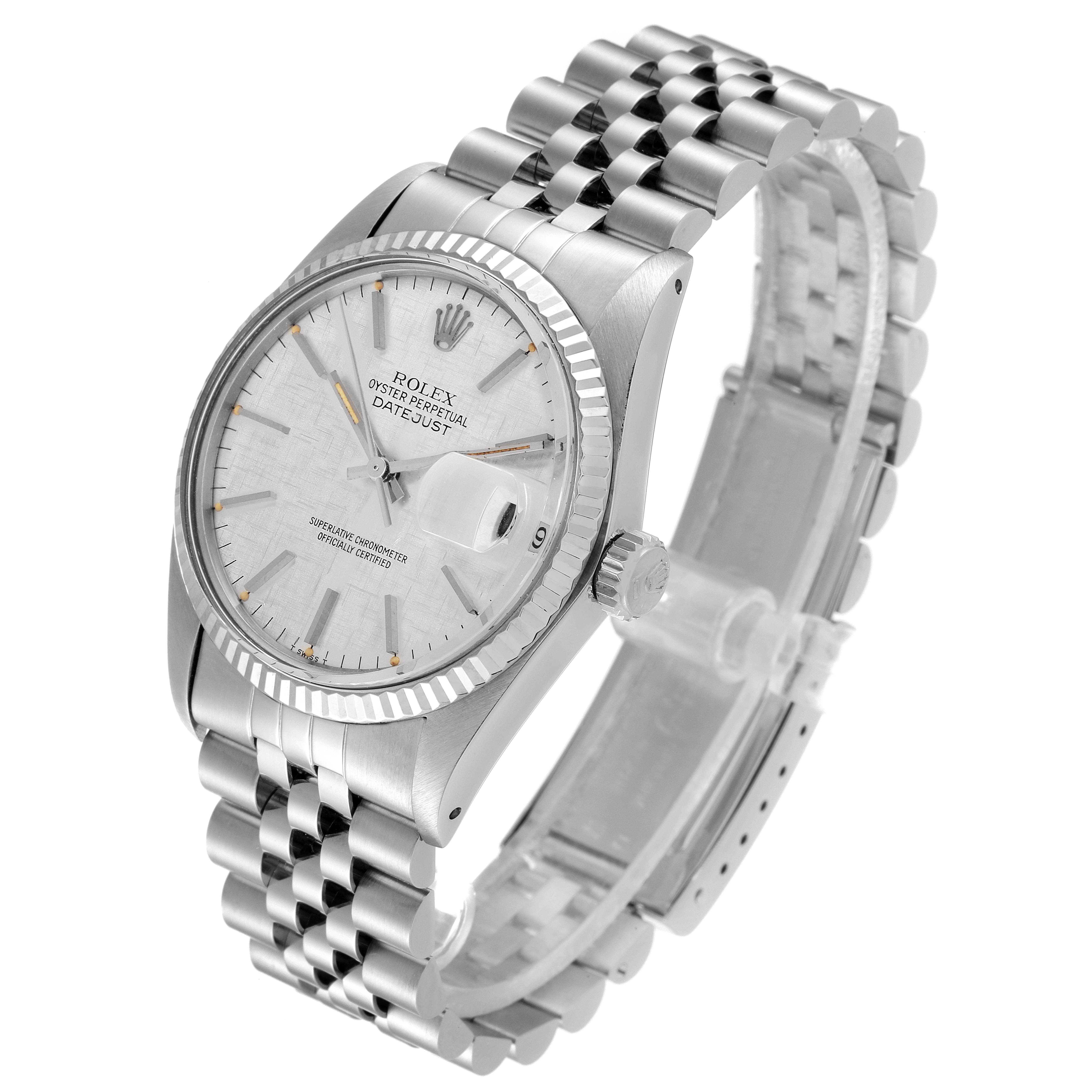 The Rolex Vintage Collection 16014 Men's Stainless Steel Silver Dial 16014 Men's Stainless Steel Silver Dial model Datejust watch is shown at a three-quarter angle, displaying the face, bezel, crown, and partly opened bracelet.