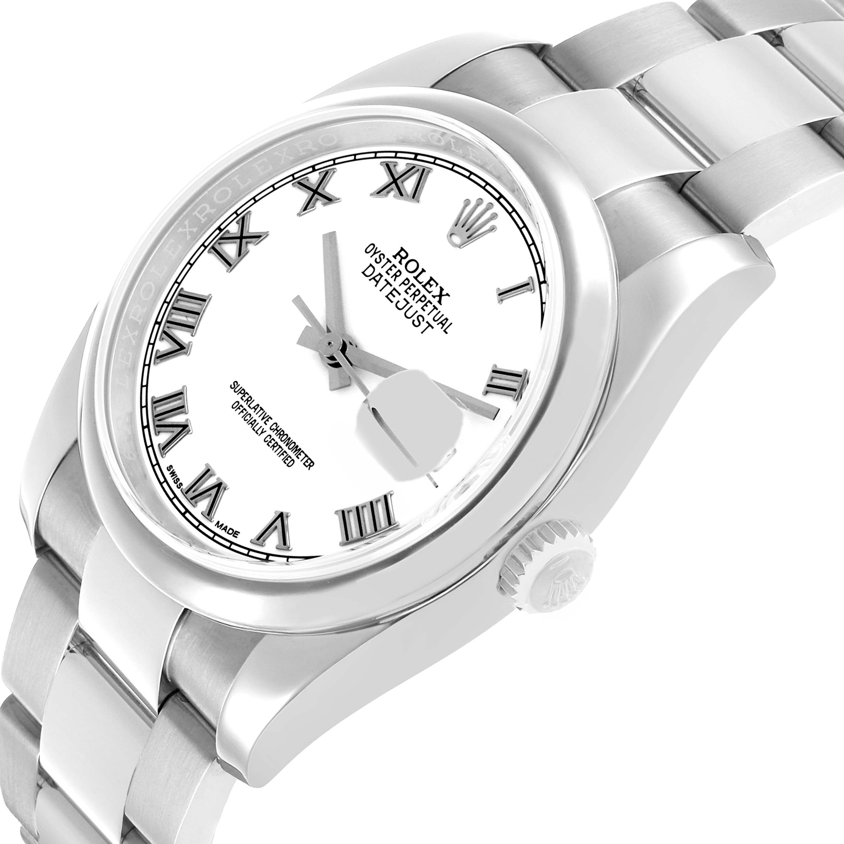 The Rolex Datejust 116200 Men's Stainless Steel White Dial watch is shown from a three-quarter top angle, highlighting the dial, bezel, and part of the bracelet.