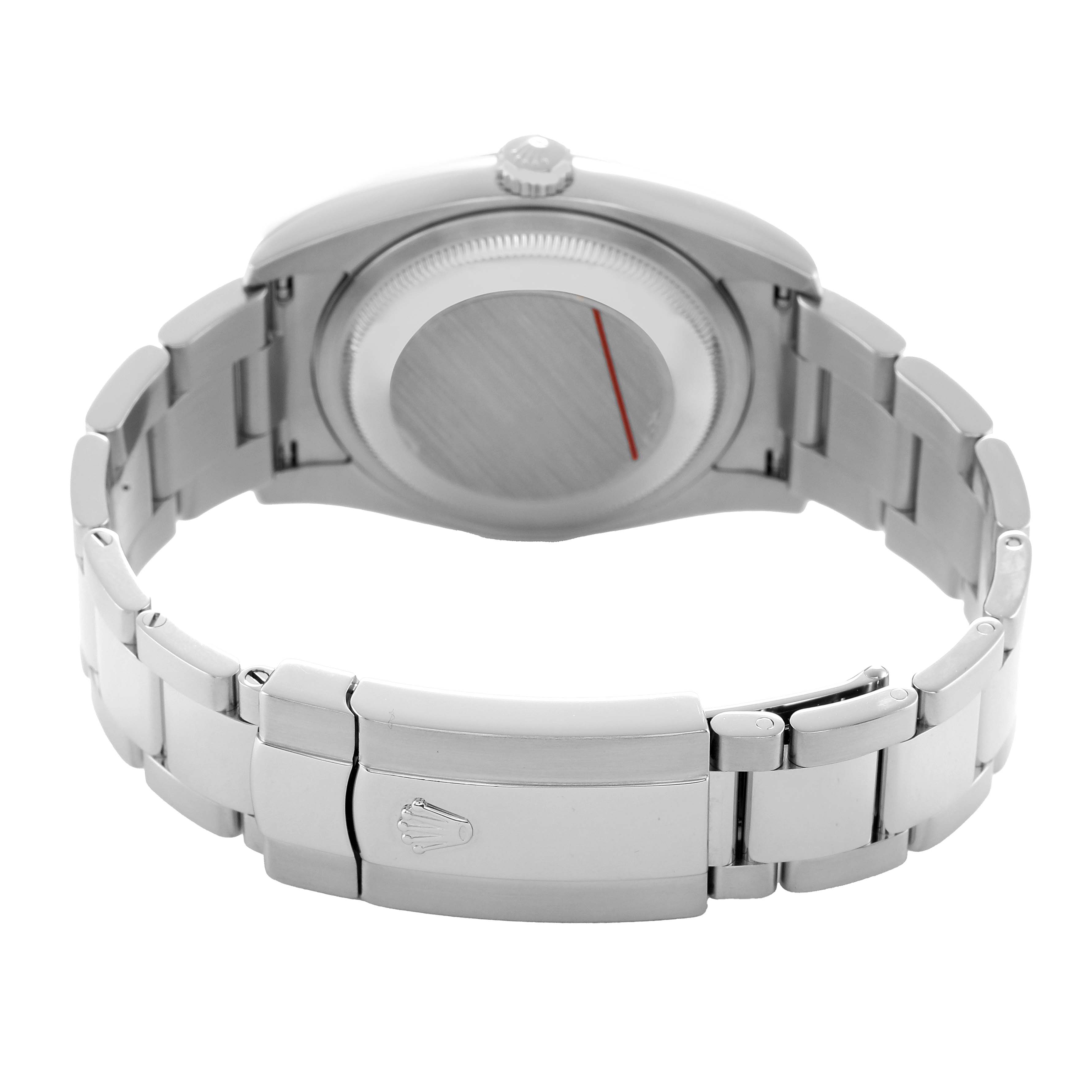 The image shows the back view of a Rolex Datejust 116200 Men's Stainless Steel White Dial, highlighting the bracelet, clasp, and case back.