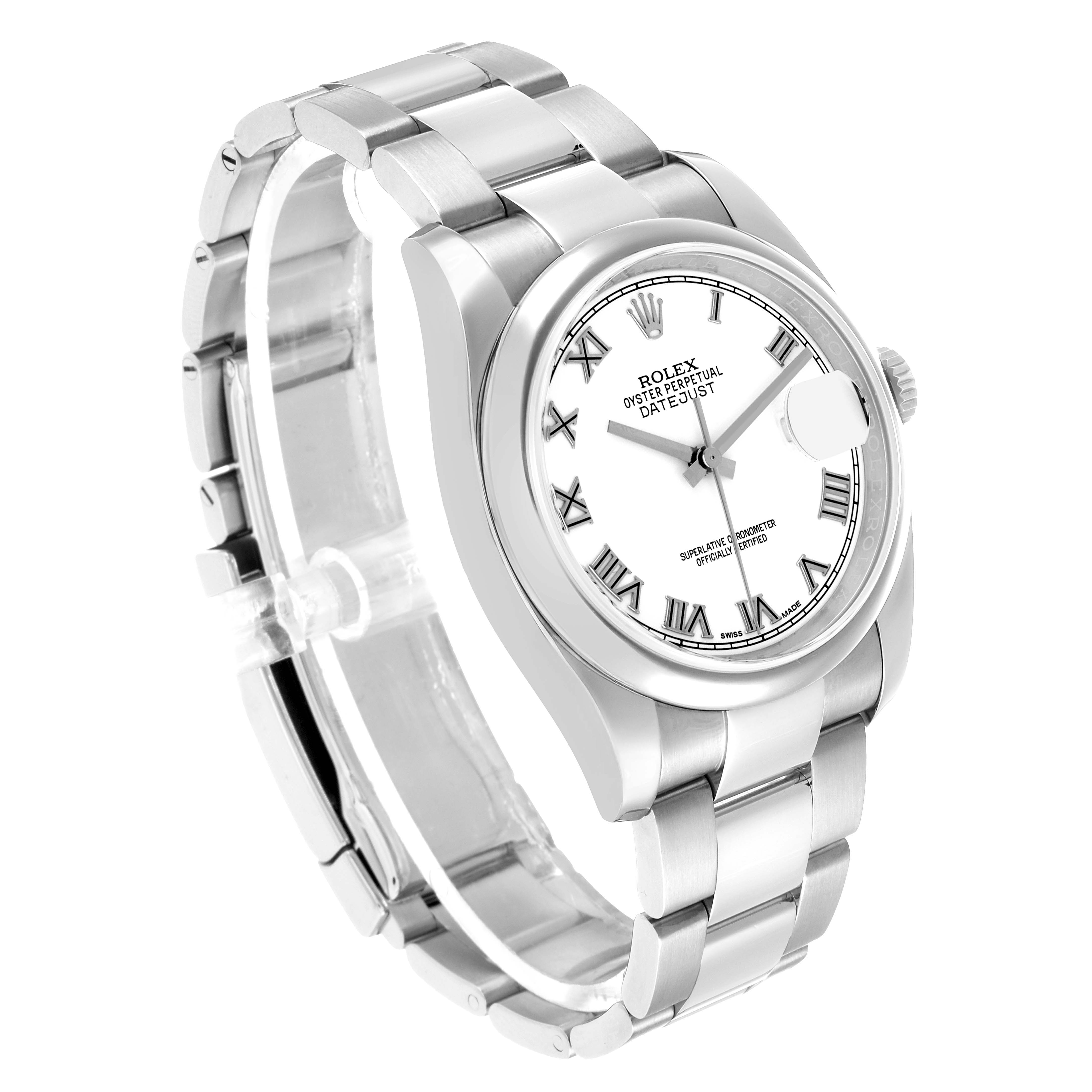 The Rolex Datejust 116200 Men's Stainless Steel White Dial watch is shown at a three-quarter angle, highlighting the bracelet, dial, and crown.