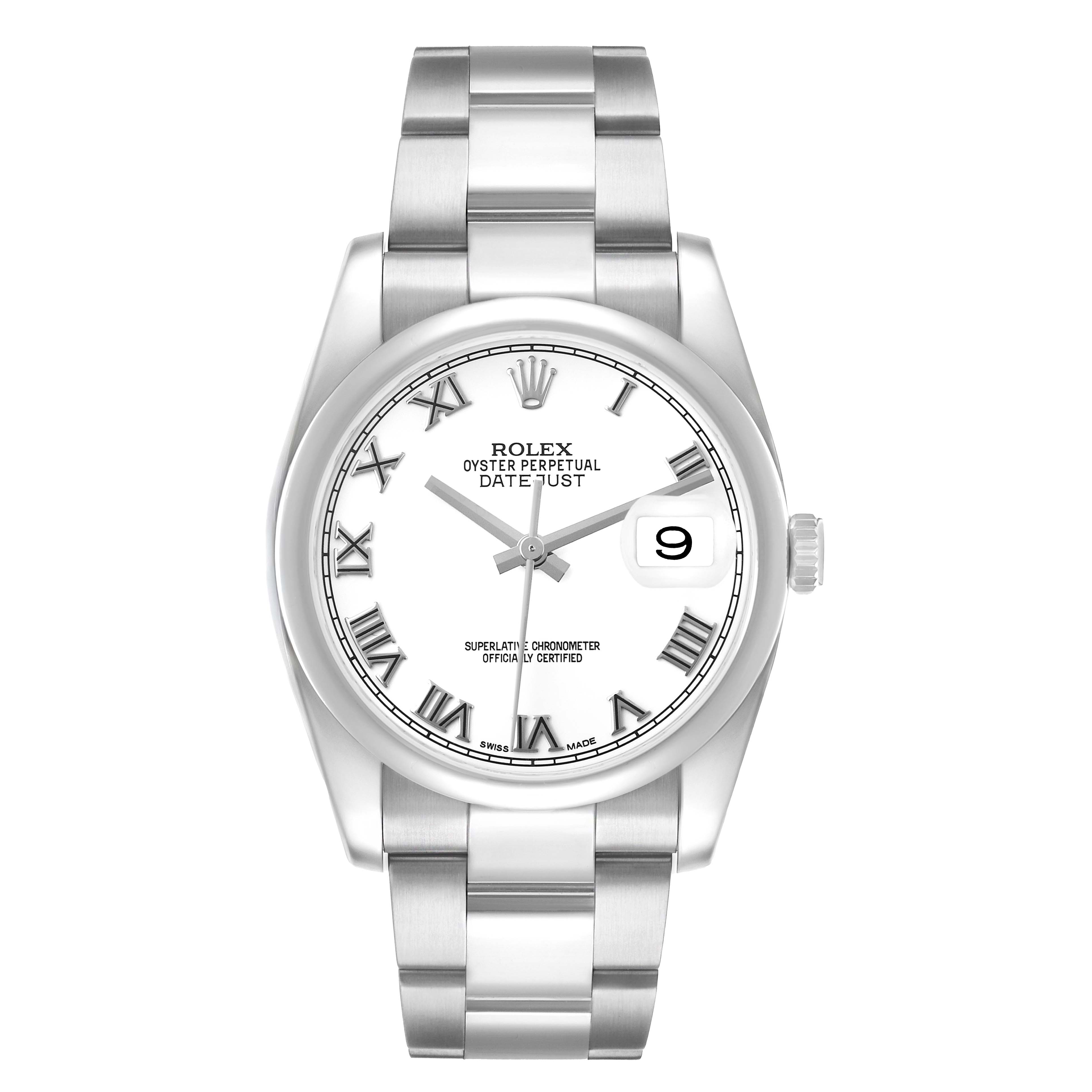 The Rolex Datejust 116200 Men's Stainless Steel White Dial watch is shown from the front, highlighting its white dial, Roman numerals, and stainless steel bracelet.
