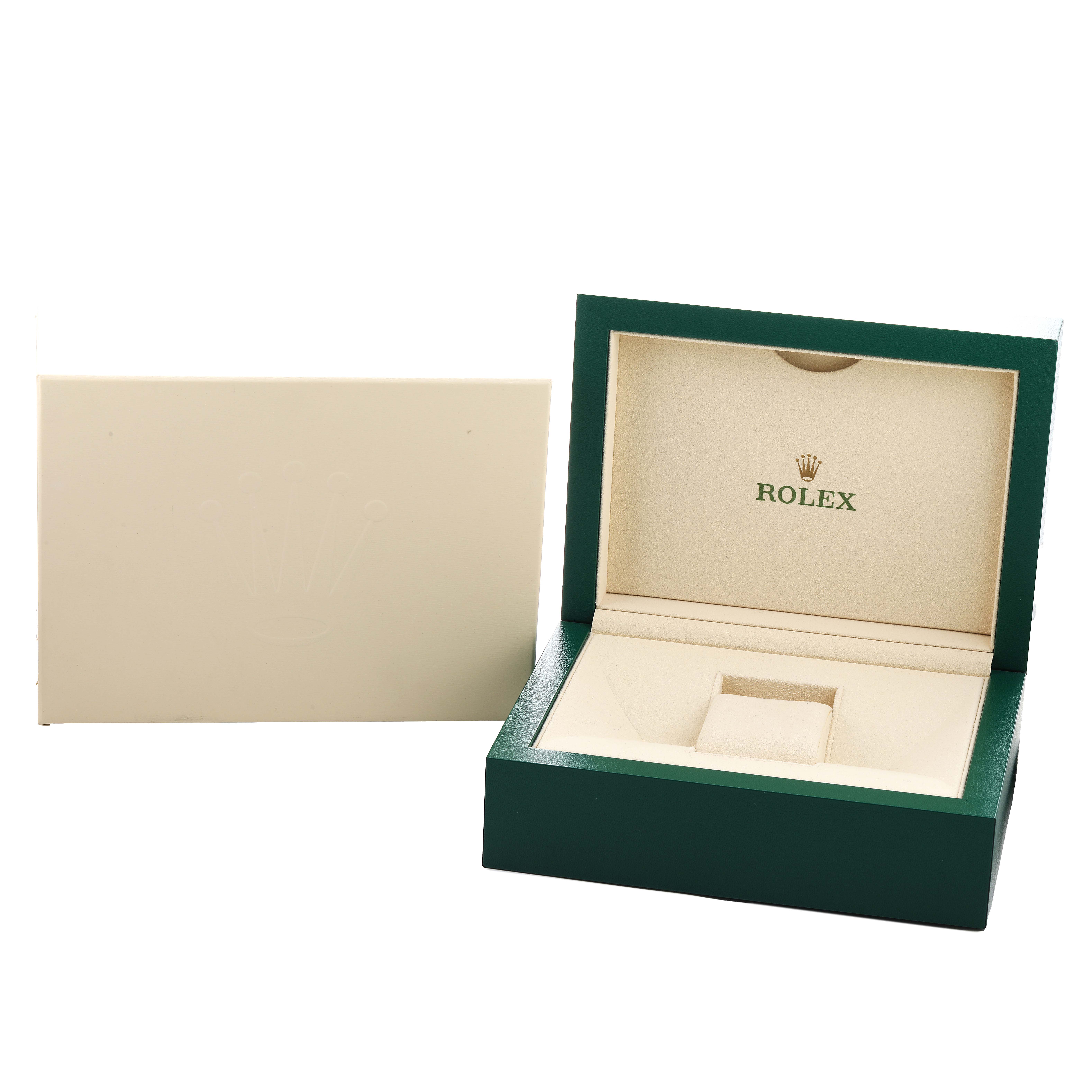 The image shows an open Rolex Datejust 116200 Men's Stainless Steel White Dial box with the green exterior and cream interior, alongside its cream outer box.